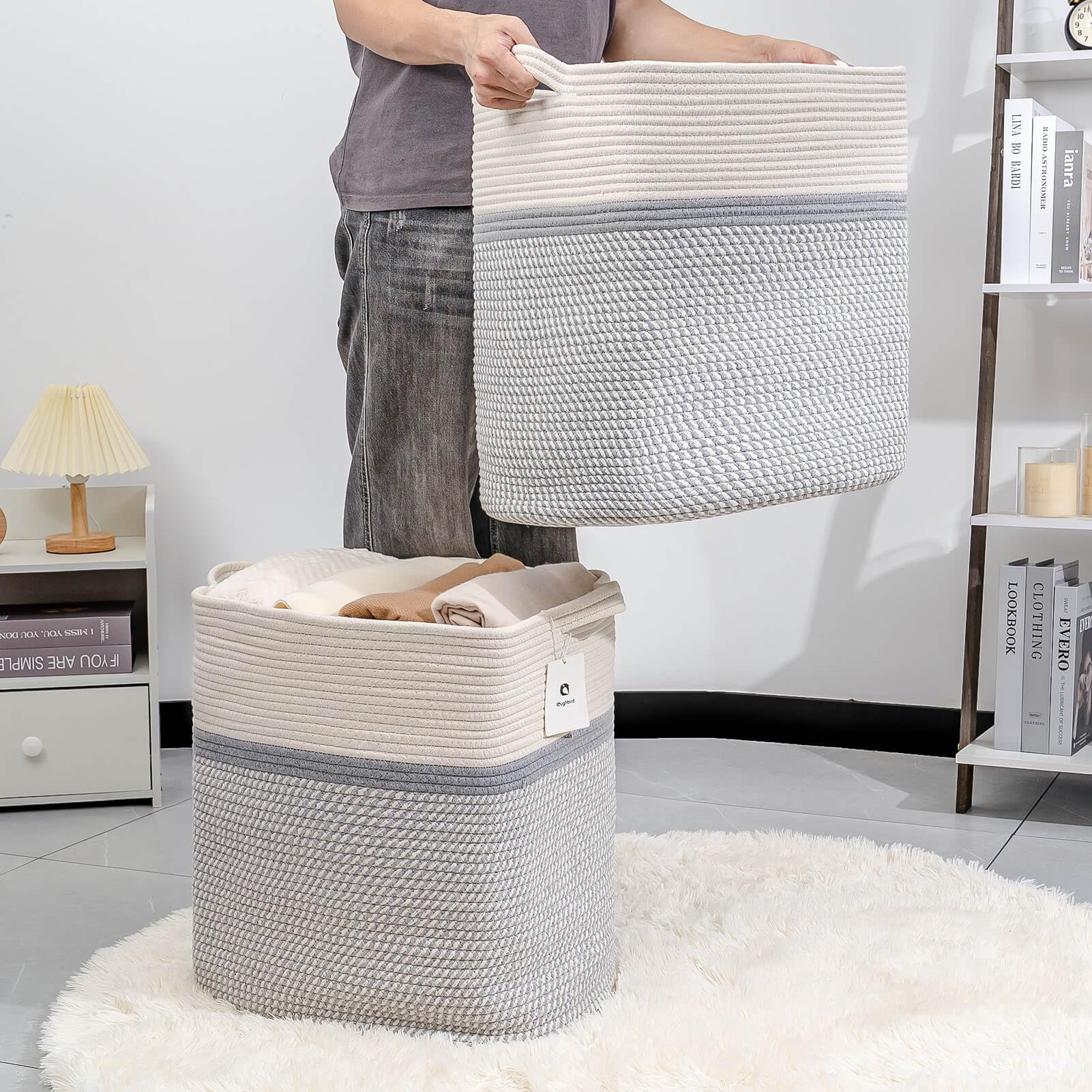 Laughbird Large Woven Storage Basket - Collapsible Cotton Rope Basket for Laundry, Toys & Blankets | Home & Nursery Organizing