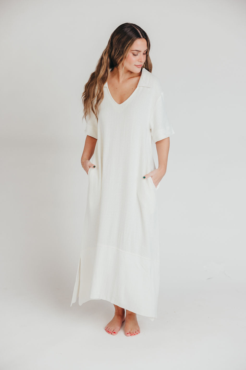 Fallon Linen Blend Collared Midi Dress in Ivory - Bump Friendly Maternity Dress for Women | Perfect for Summer Weddings, Baby Showers & Casual Outings