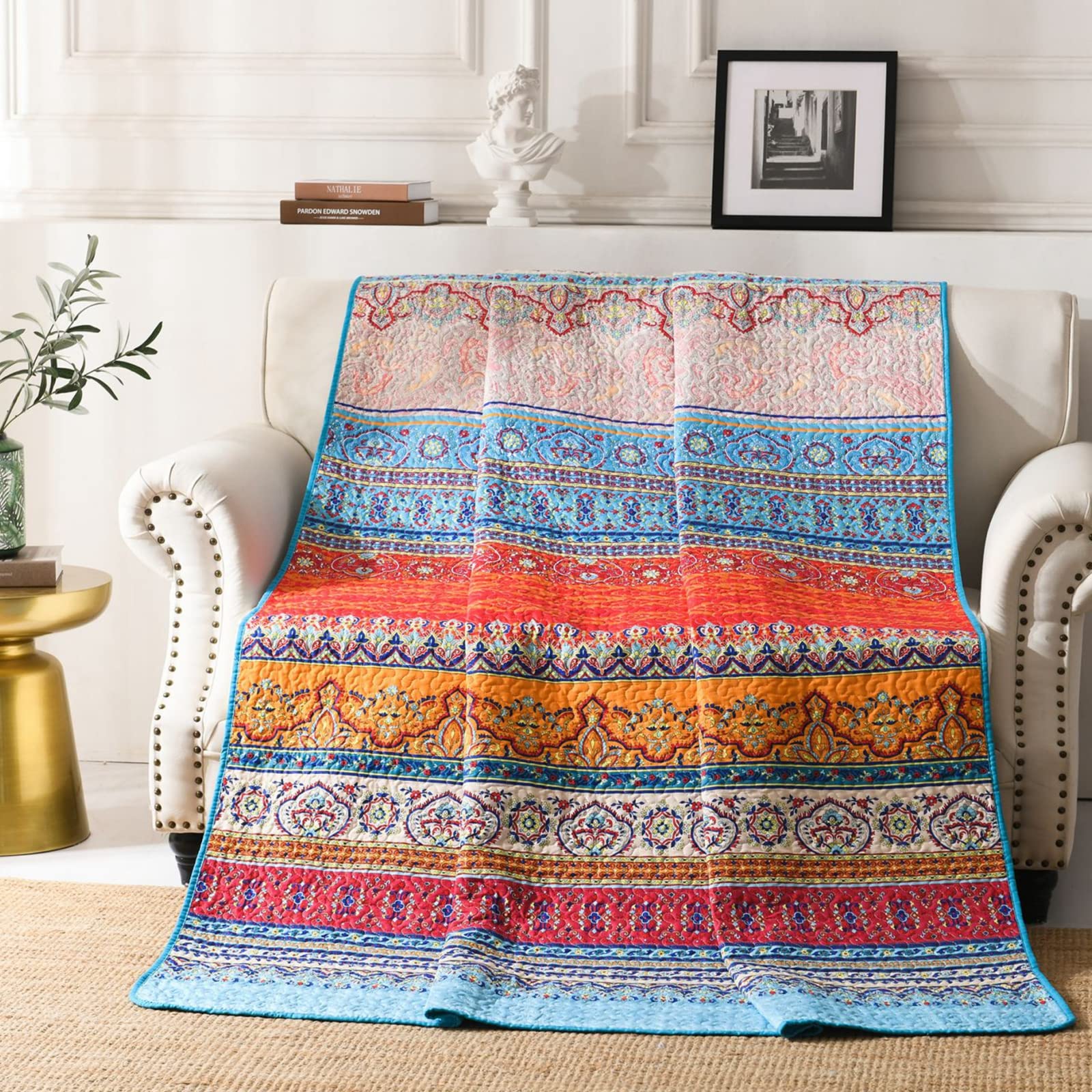 Soft Microfiber Reversible Bohemian Quilt Throw Blanket - Red Blue Striped Boho Design for Twin Bed & Couch - 50