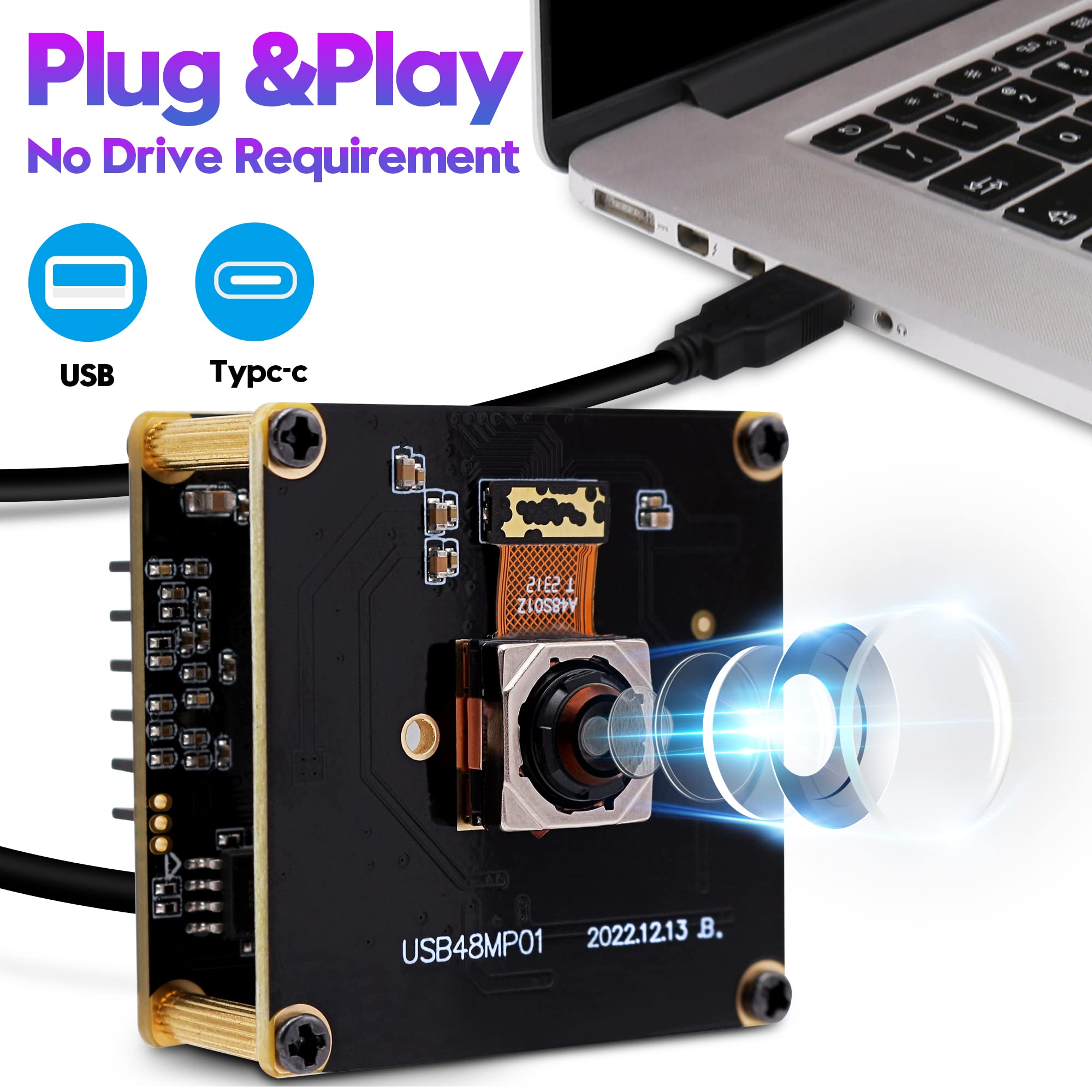 48MP USB Camera Module with Fast Auto Focus - 70° No Distortion Lens Webcam | UVC USB 2.0 Industrial Camera (8000x6000) for PC/Laptop/Jetson | Perfect for Video Conferencing, Live Streaming & Machine Vision Applications