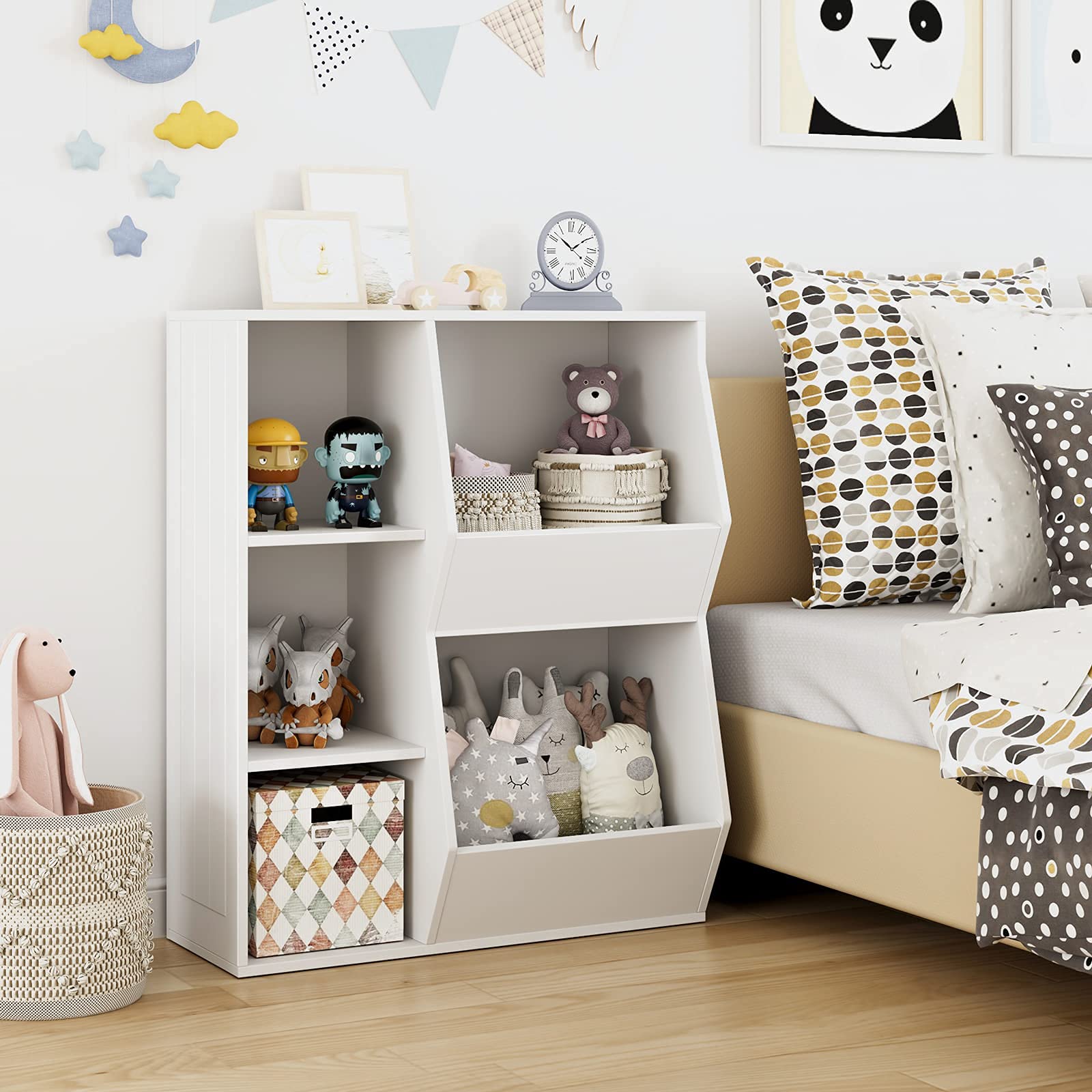 URKNO Modern Kids Bookcase & Toy Organizer - 5-Cubby Storage Shelf for Children's Books, Toys & Games - White Nursery, Playroom & Bedroom Furniture for Organization & Decor
