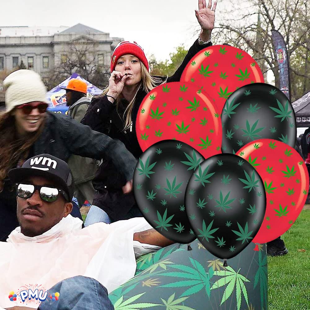 Premium 11in Red & Black Marijuana Balloons with All-Over Green Leaf Print - 50 Pack for Stoner Parties, 420 Celebrations & Cannabis-Themed Events
