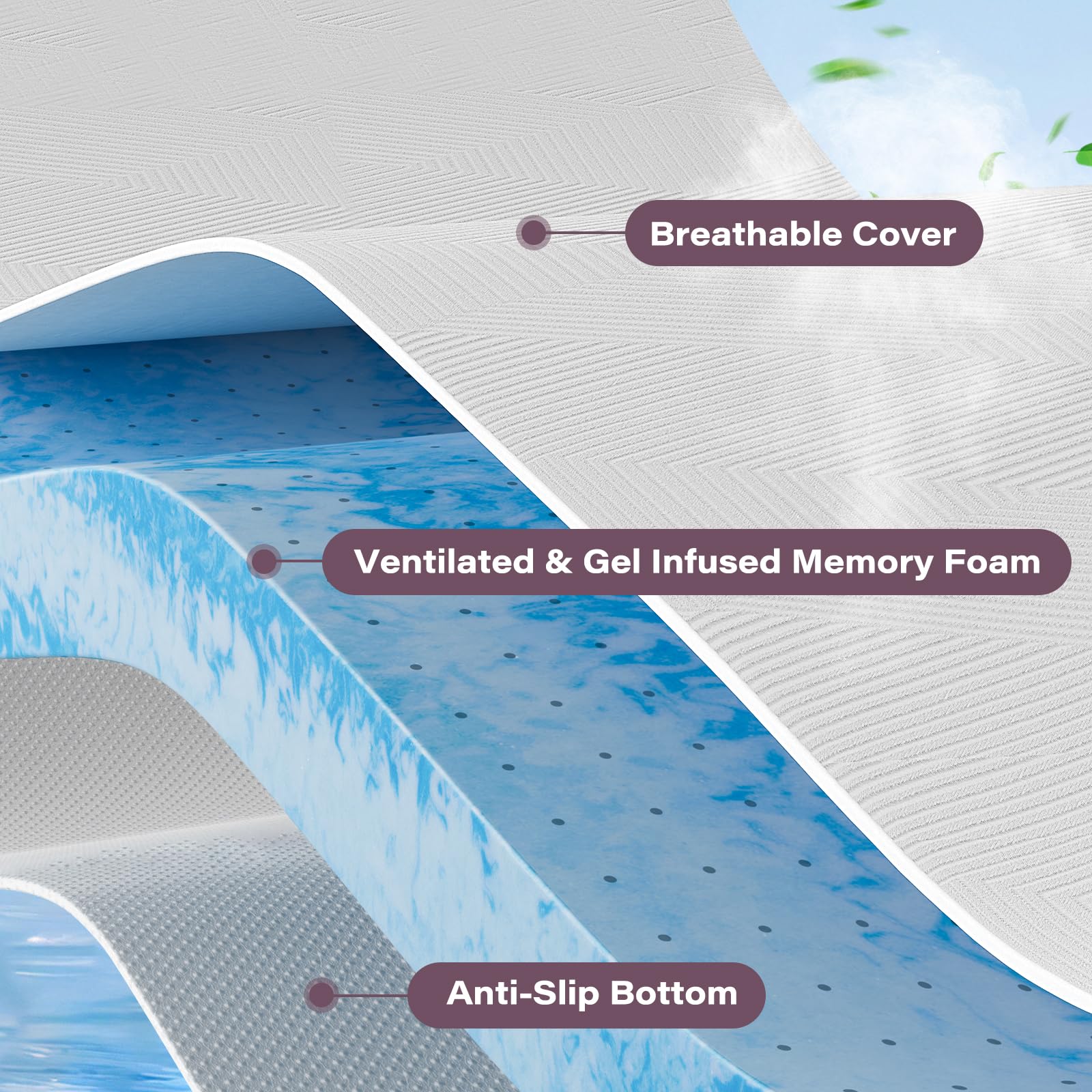 3 Inch Queen Size Memory Foam Mattress Topper - Ventilated & Breathable Cooling Mattress Pad with Removable Soft Cover - CertiPUR-US Certified for Back Pain Relief - Perfect for Guest Beds, Dorm Rooms & Home Comfort