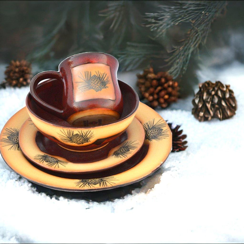 Premium Pinecone Lodge Dinnerware Set - Elegant Porcelain Plates, Bowls & Mugs for Rustic Dining - Perfect for Cabin, Farmhouse & Outdoor Entertaining