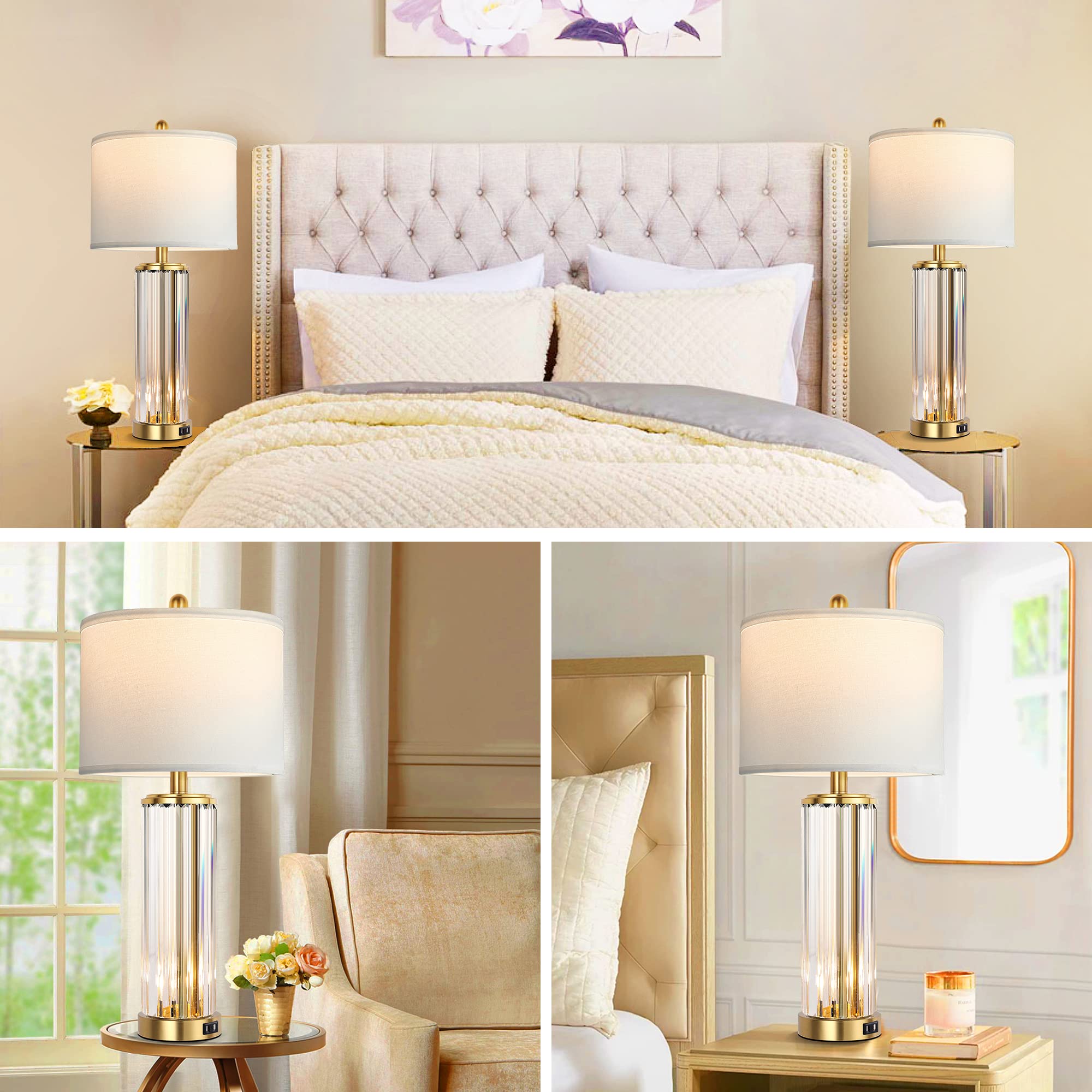 QiMH Modern Gold Table Lamps Set of 2 - Bedside Nightstand Lamps with USB A+C Charging Ports & Nightlight - LED Bulbs Included - White Shade Home Decor for Bedroom, Living Room & Office Lighting
