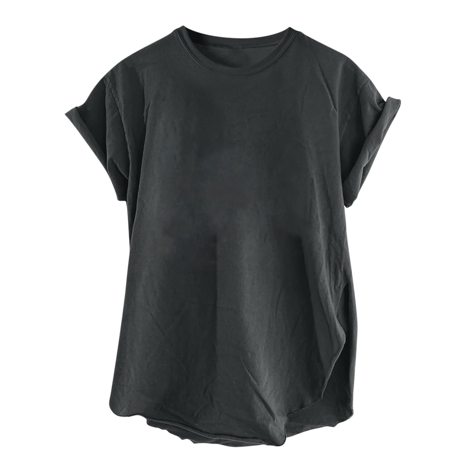 Vintage Women's Round Neck Short Sleeve T-Shirt with Hem Slit - Solid Color Casual Tee for Ladies | Perfect for Summer Outfits, Streetwear & Everyday Fashion