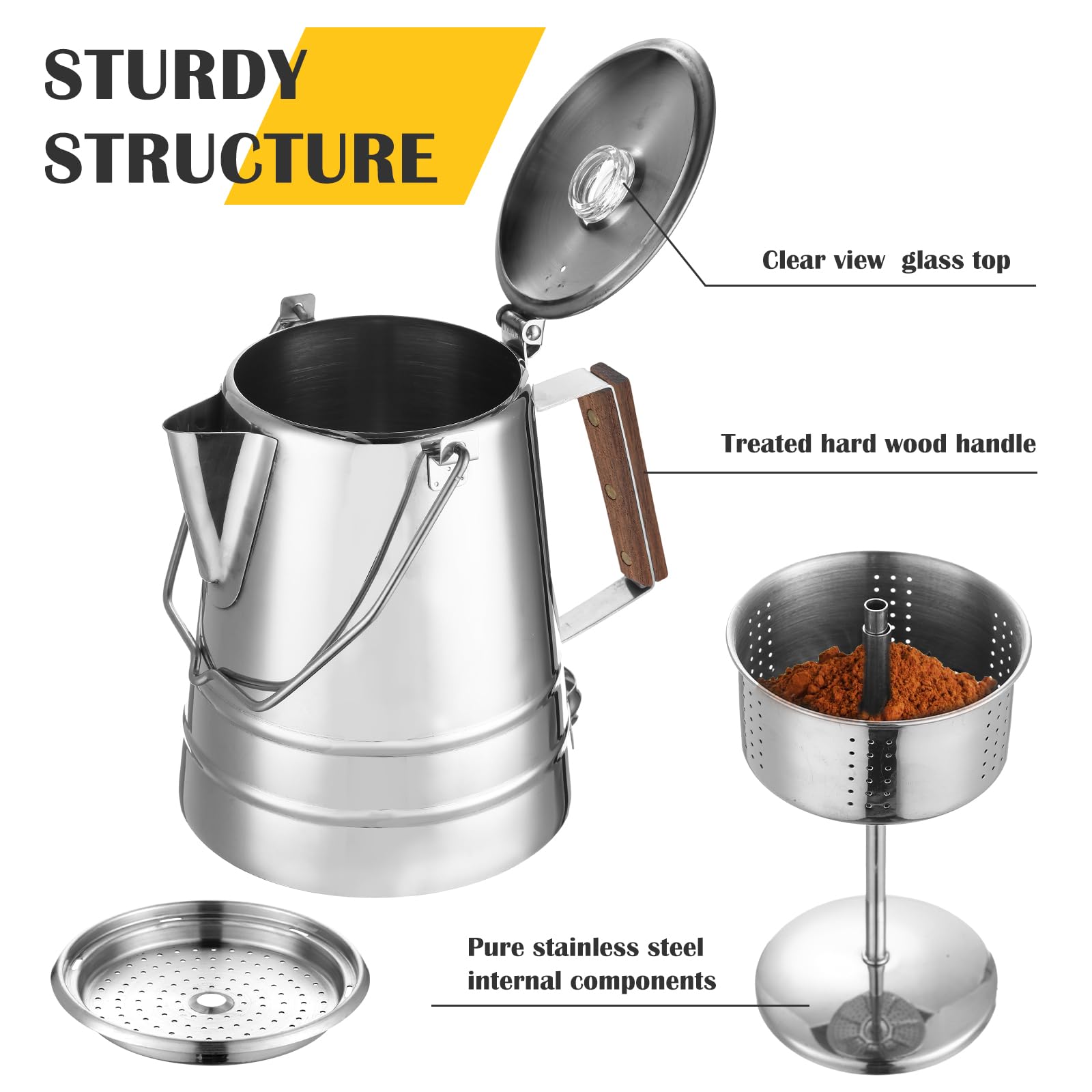 Tioncy 14-Cup Stainless Steel Stovetop Coffee Percolator with 4 Portable 12 oz Cups - Camping Coffee Maker Set for Outdoor Travel, Hiking & Campfire Brewing | Perfect for Backpacking, RV Trips & Picnics