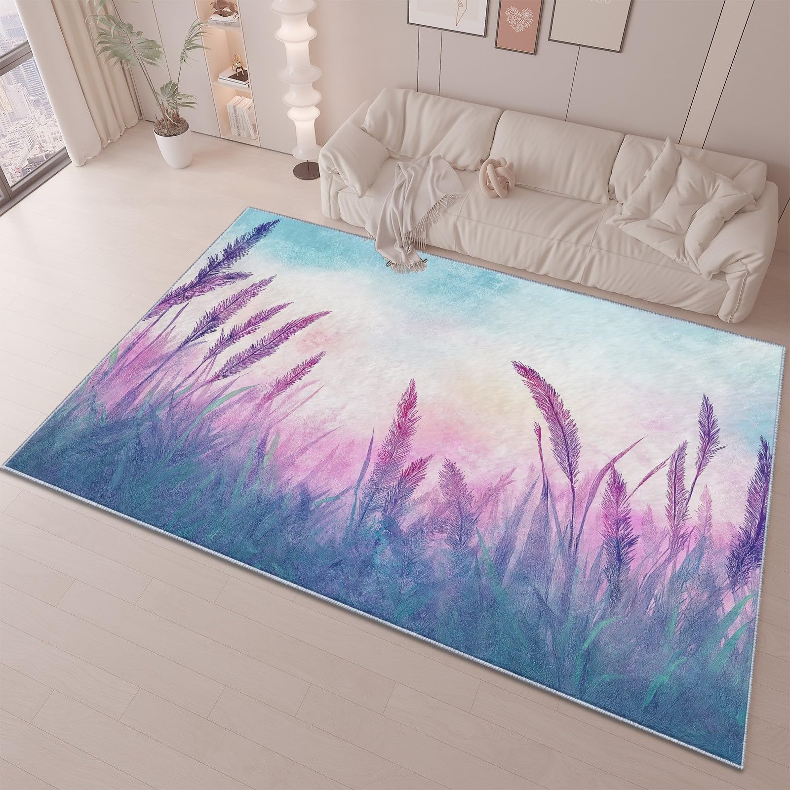 Spring Themed Purple & Blue Faux Wool Area Rug - Non-Slip, Machine Washable 7x8 Ft Soft Rug for Kids Bedroom, Living Room, Dining Room, Nursery & Home Office Decor - Perfect for Cozy Family Gatherings and Playtime