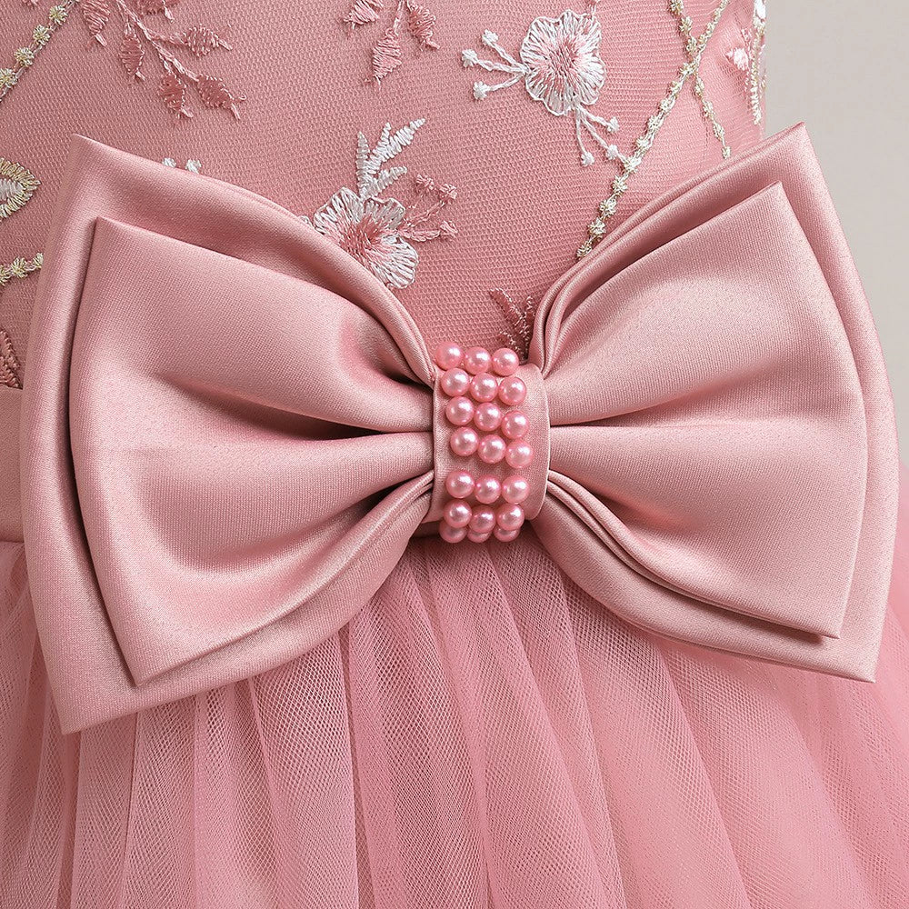 Pink Princess Round Floor Length Satin Flower Girl Dress for Weddings, Baptisms & Special Occasions