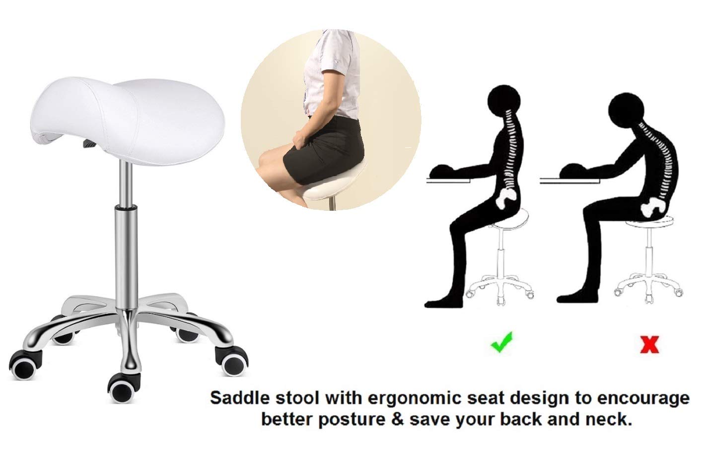 Kaleurrier Heavy Duty Rolling Saddle Stool - Adjustable Height Swivel Chair with Wheels for Lab, Clinic, Dentist, Salon, Massage, Office & Home Kitchen - Ergonomic Stool Without Back (White) - Perfect for Medical Professionals, Hair Stylists & Office Workers
