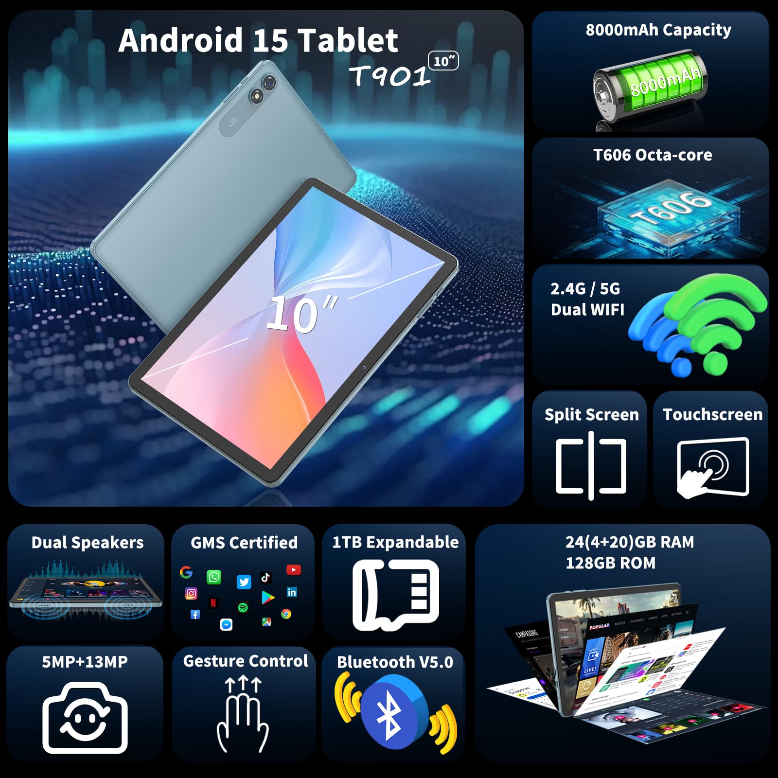 2025 10-Inch Android 15 Tablet with Keyboard - 24GB RAM 128GB ROM (1TB Expandable) Octa-Core Processor, 5G/2.4G WiFi, 8000mAh Battery, Bluetooth 5.0 - Includes Protective Case, Wireless Mouse & Stylus (Green) - Perfect for Work, Study & Entertainment with Split-Screen Feature