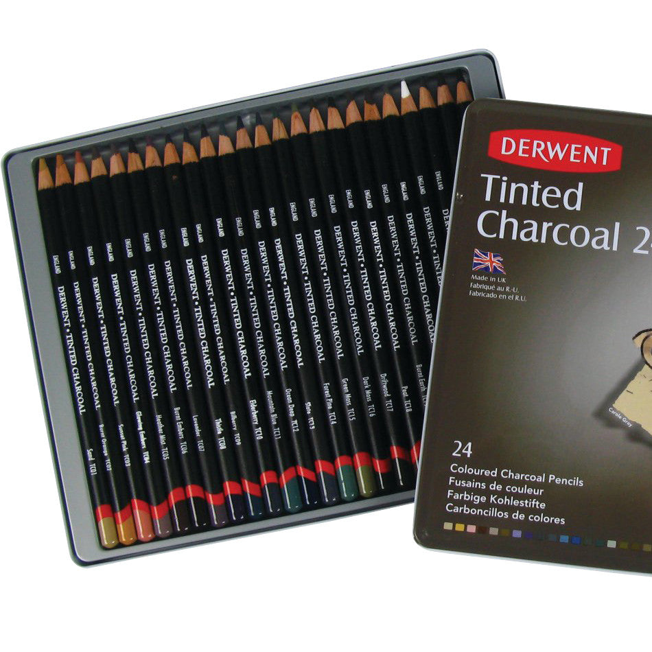 Derwent Tinted Charcoal Pencils - 24-Piece Set in Tin Box for Artists & Sketching - Perfect for Drawing, Shading & Mixed Media Art Projects