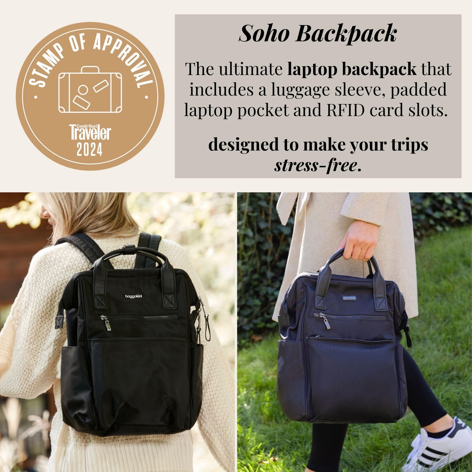 Baggallini Soho Backpack - Lightweight Water-Resistant Laptop Bag for Women Travel & Work