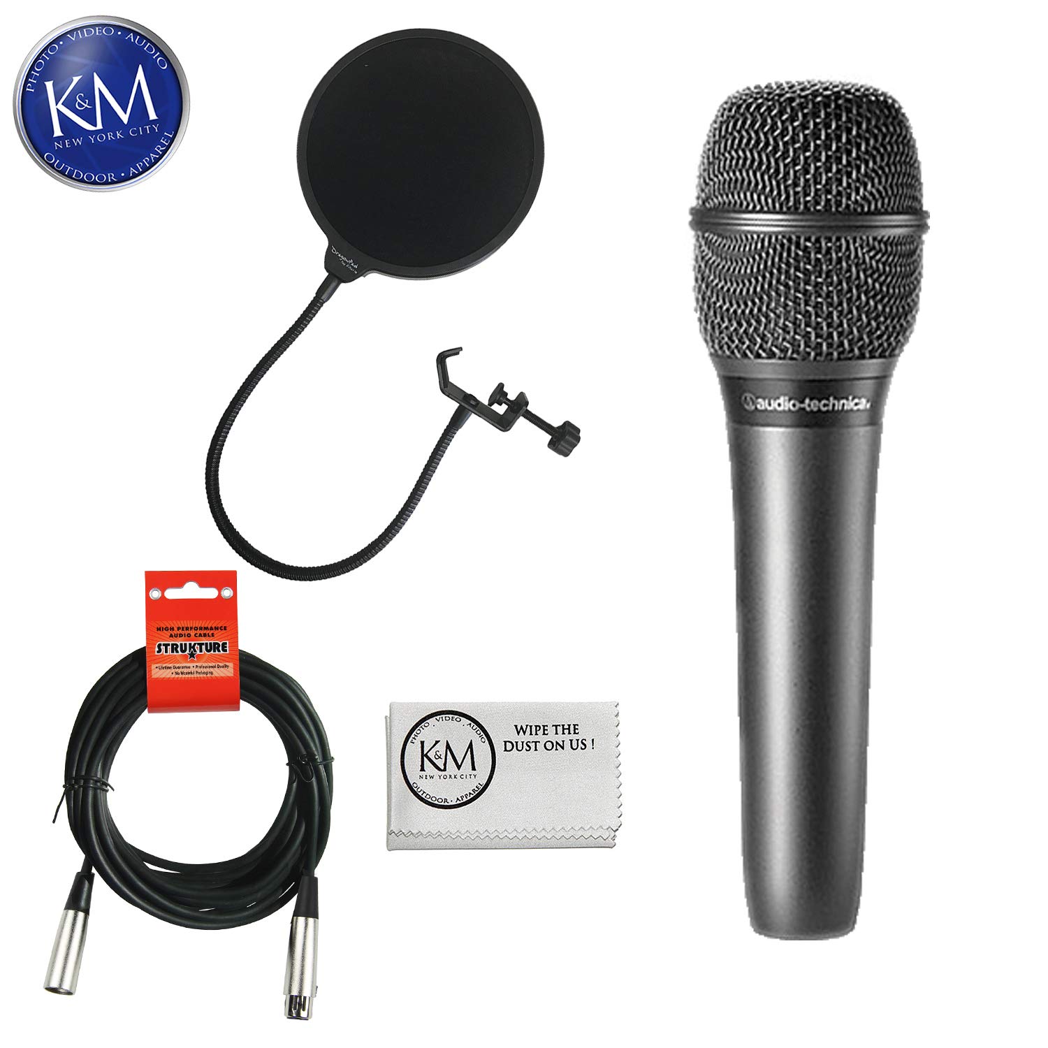 Audio-Technica AT2010 Cardioid Condenser Handheld Microphone with Shock Mount & Pop Filter - Professional Studio Recording, Podcasting & Live Streaming Bundle