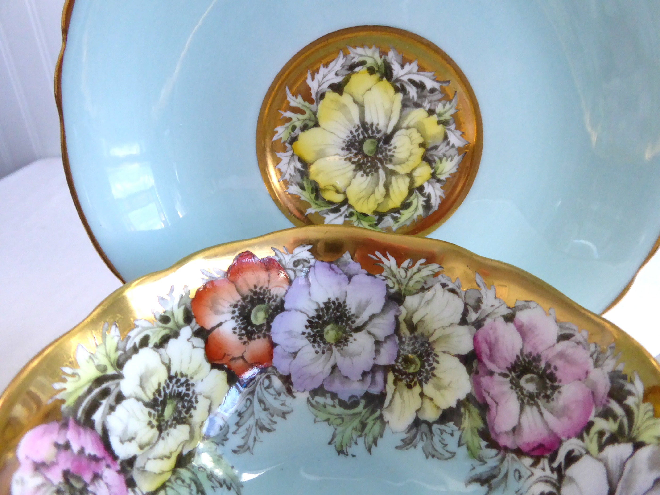 Vintage Paragon Cup and Saucer Set - Luxe Gold Trim with Aqua Poppies Design, Queen Elizabeth Warrant 1950s - Perfect for Afternoon Tea, Collectible China Display, and British Royalty Memorabilia