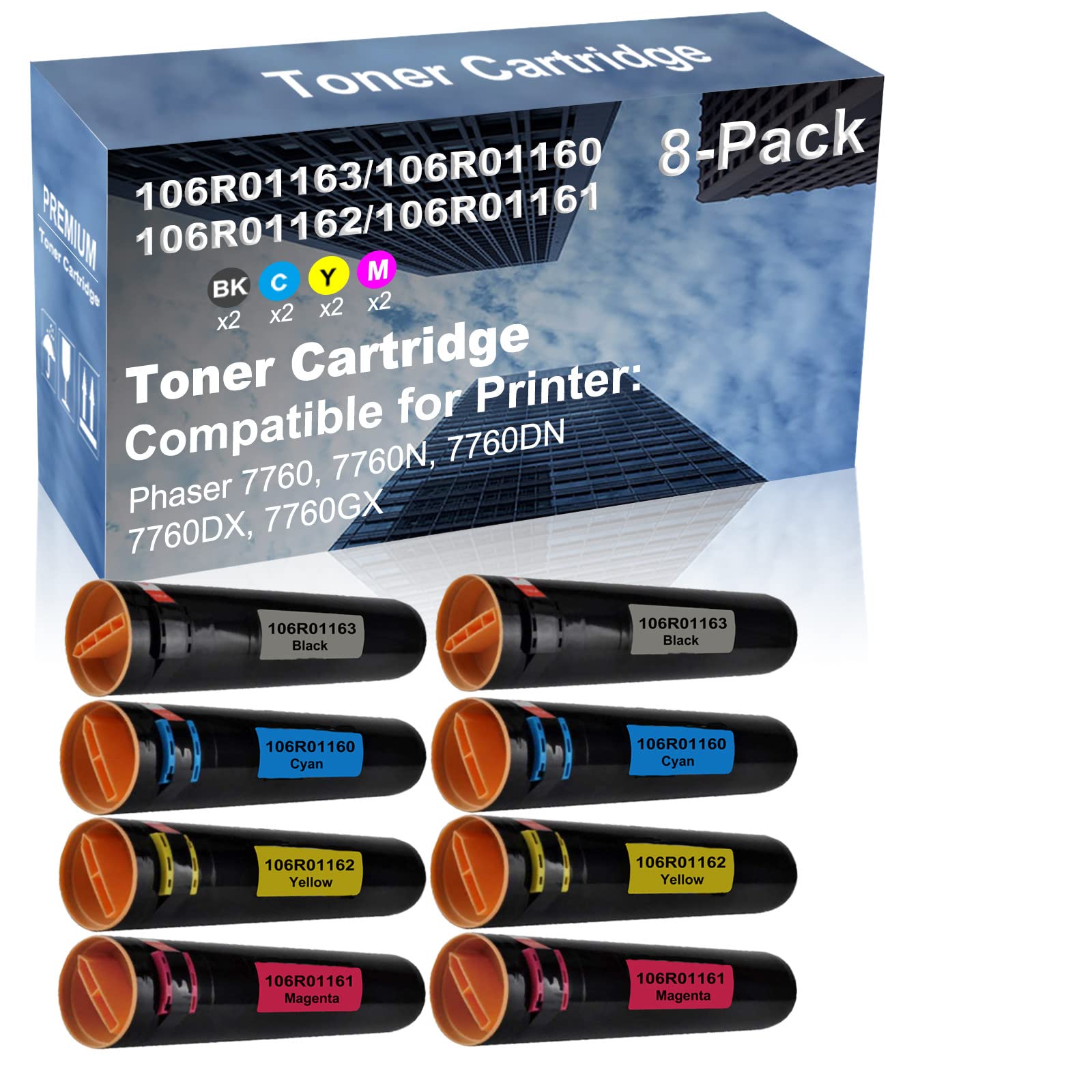8-Pack (2BK+2C+2Y+2M) High Yield Compatible Toner Cartridge for Xerox Phaser 7760 Series (7760, 7760N, 7760DN, 7760DX, 7760GX) - Replacement for 106R01163, 106R01160, 106R01162, 106R01161 - Ideal for Office & High-Volume Printing