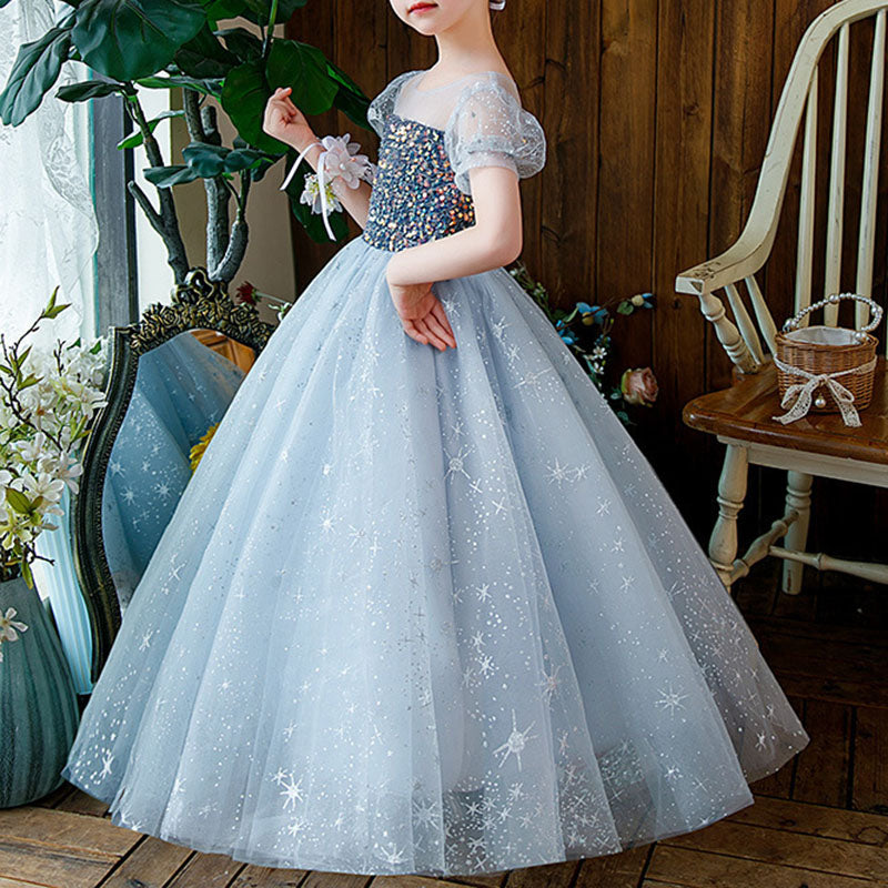 Elegant Blue Puff Sleeve Sequined Mesh Flower Girl Princess Dress for Baby Girls | Toddler Pageant Dresses | Perfect for Weddings, Birthday Parties & Special Occasions