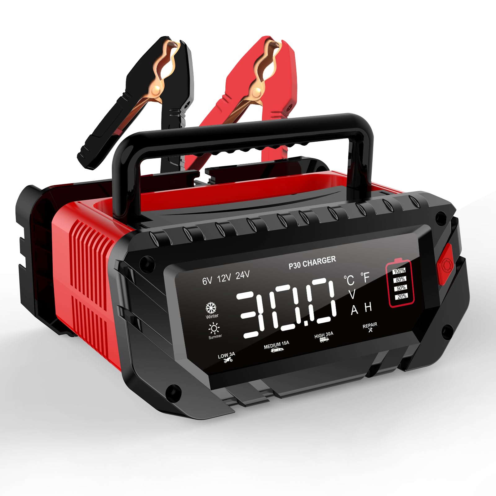30 Amp Lithium Battery Charger - 6V/12V/24V Lifepo4 & Lead-Acid (AGM/Gel/SLA) Smart Portable Charger, Maintainer & Desulfator for Car, Boat, Motorcycle - Ideal for Long-Term Storage & Winter Battery Maintenance