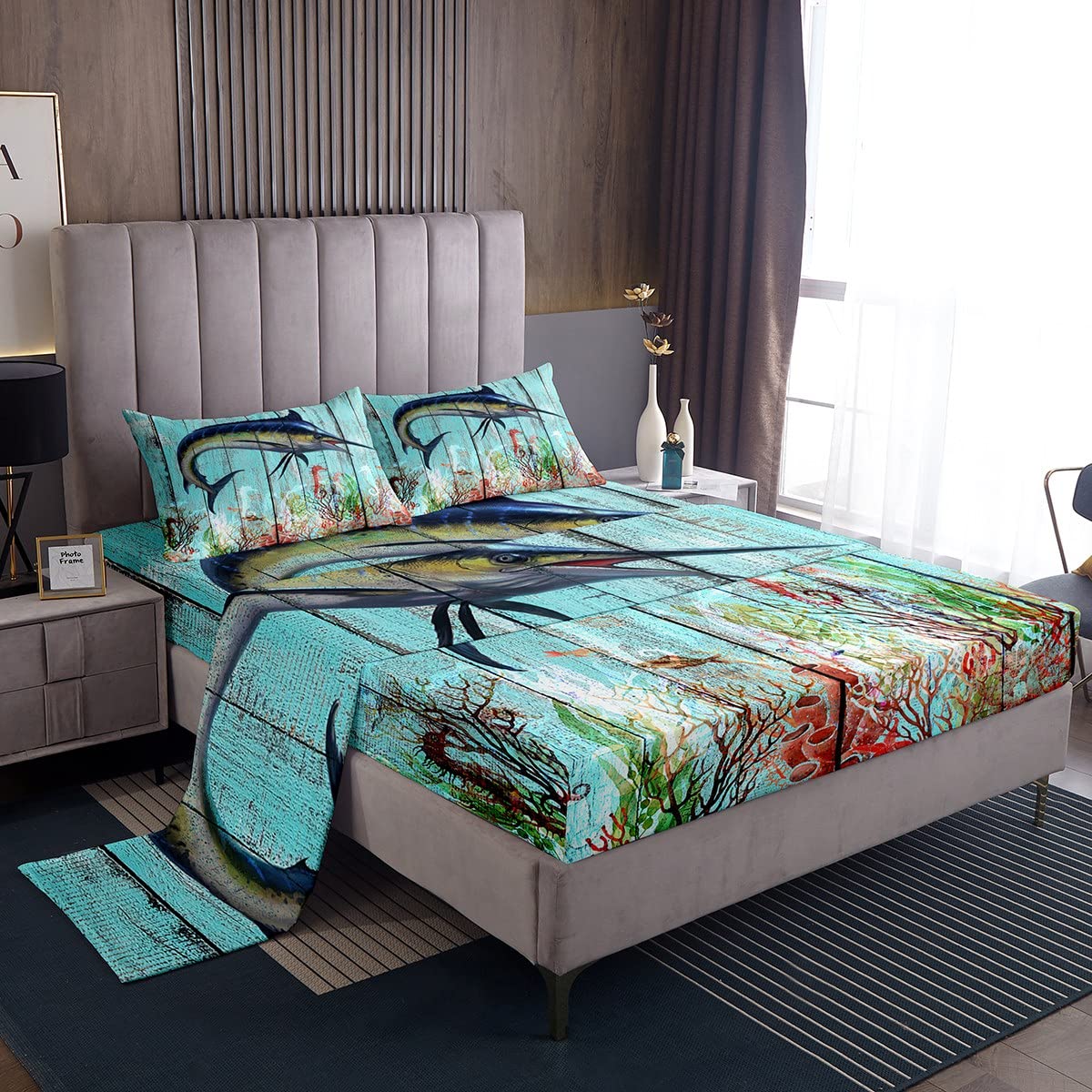 **Marlin Swordfish Kids Bed Sheet Set - Twin Size Ocean Fish & Seahorse Themed Microfiber Sheets for Boys & Girls - Deep Pocket Fitted Sheet - Nautical Marine Fishing Decor for Coastal Bedroom & Kids Room**