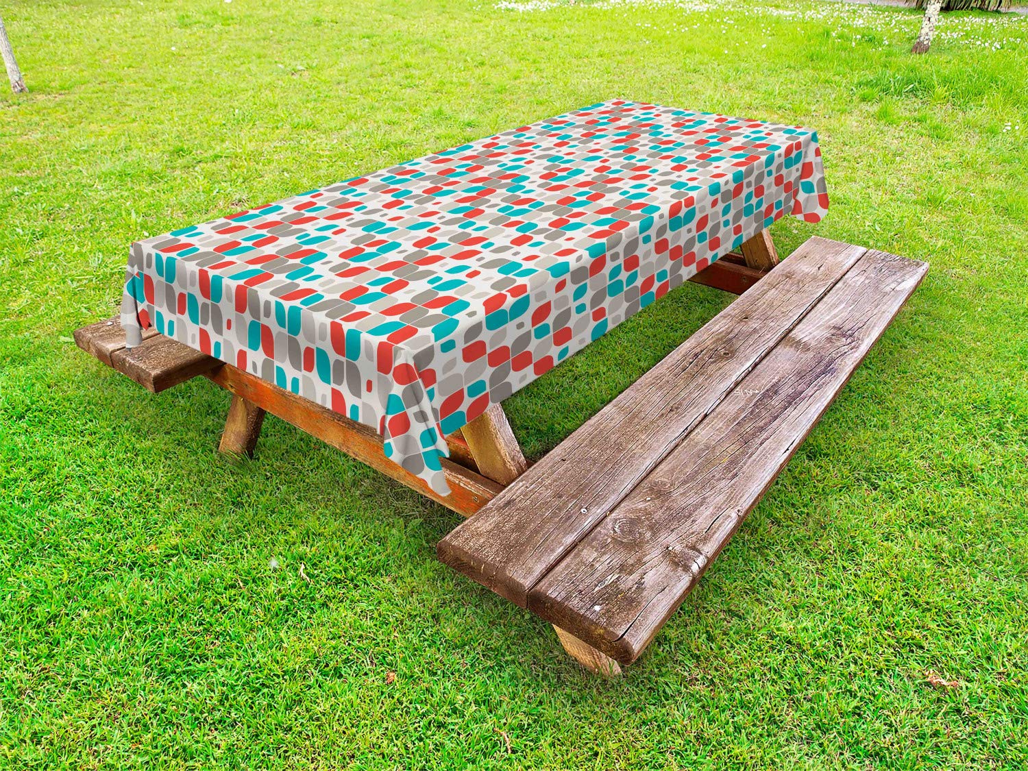 Ambesonne Vintage Floral Tablecloth - Retro Abstract Mosaic Grid Design, Washable Outdoor Picnic Table Cover 58x84 Inches, Grey Turquoise Red - Perfect for Garden Parties, BBQs & Patio Dining