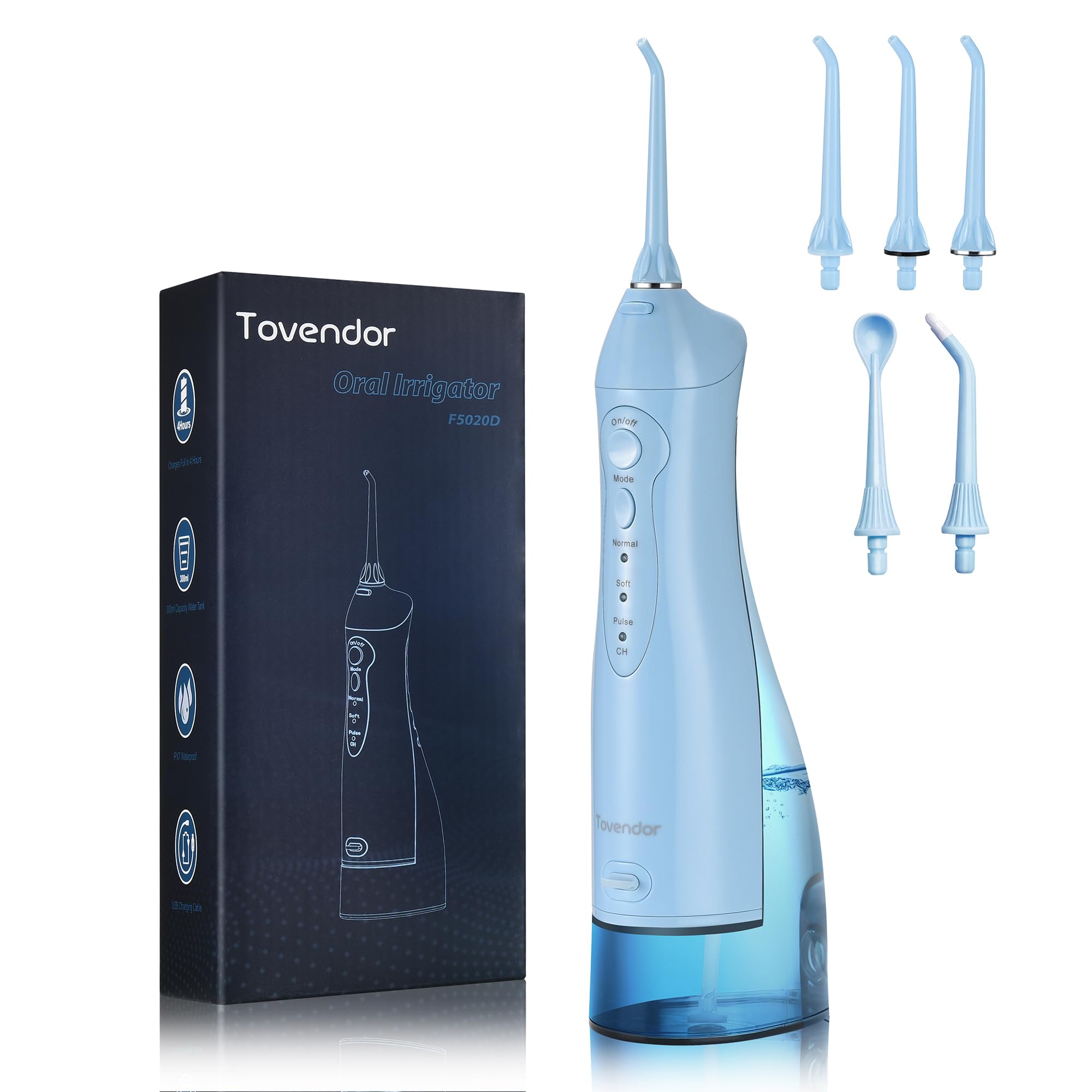TOVENDOR Cordless Electric Water Flosser - Rechargeable Dental Oral Irrigator with 300ML Tank, IPX7 Waterproof & 5 Nozzle Tips for Braces, Teeth & Gum Care - Perfect for Travel, Home & Office Use