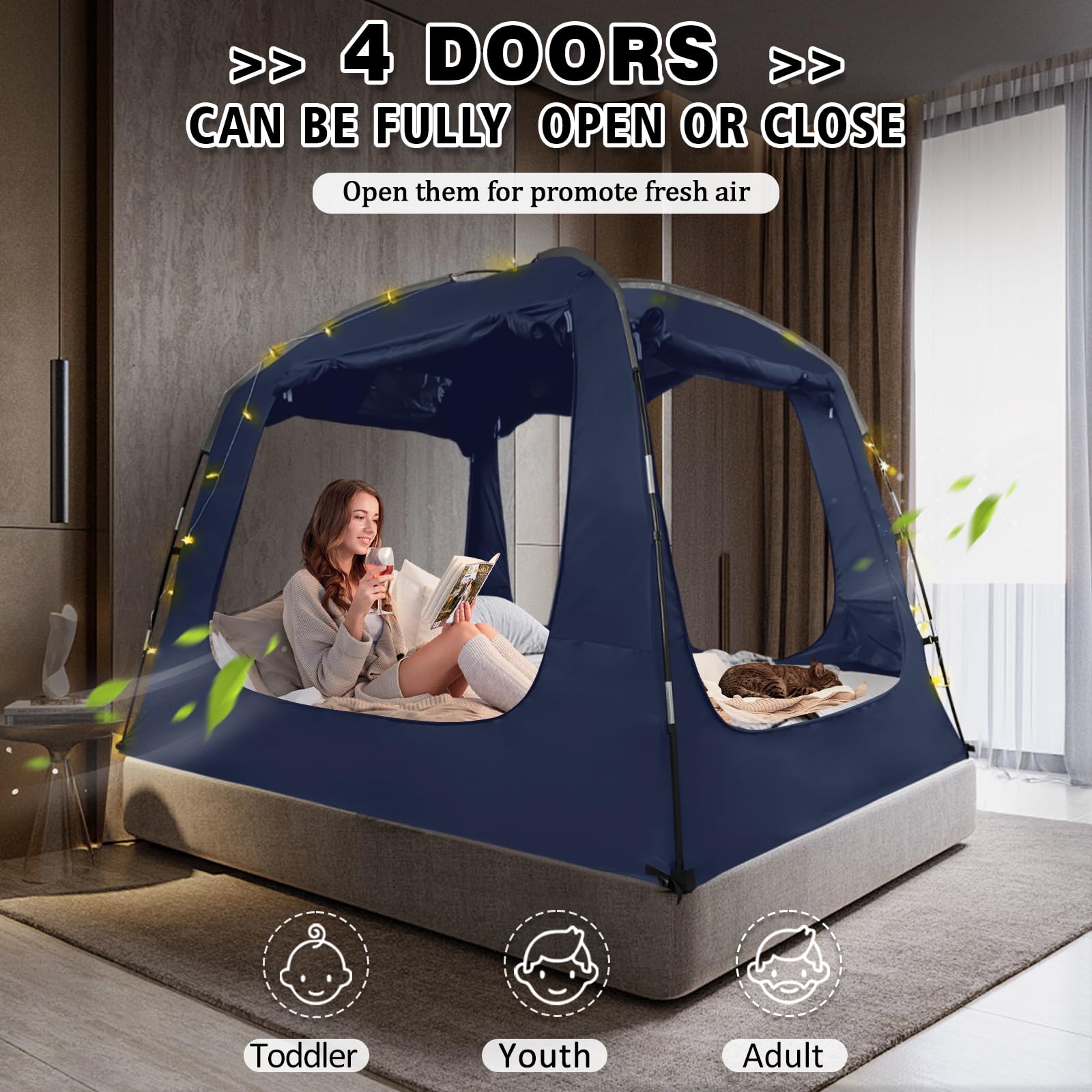 Breathable Bed Tent Canopy for Adults & Kids - Light Reducing Sleep Tent for Twin, Full, Queen & King Size Beds | Portable Indoor Bed Canopy with 4 Doors & String Lights | Perfect for Camping, Sleepovers & Creating Cozy Bedroom Spaces