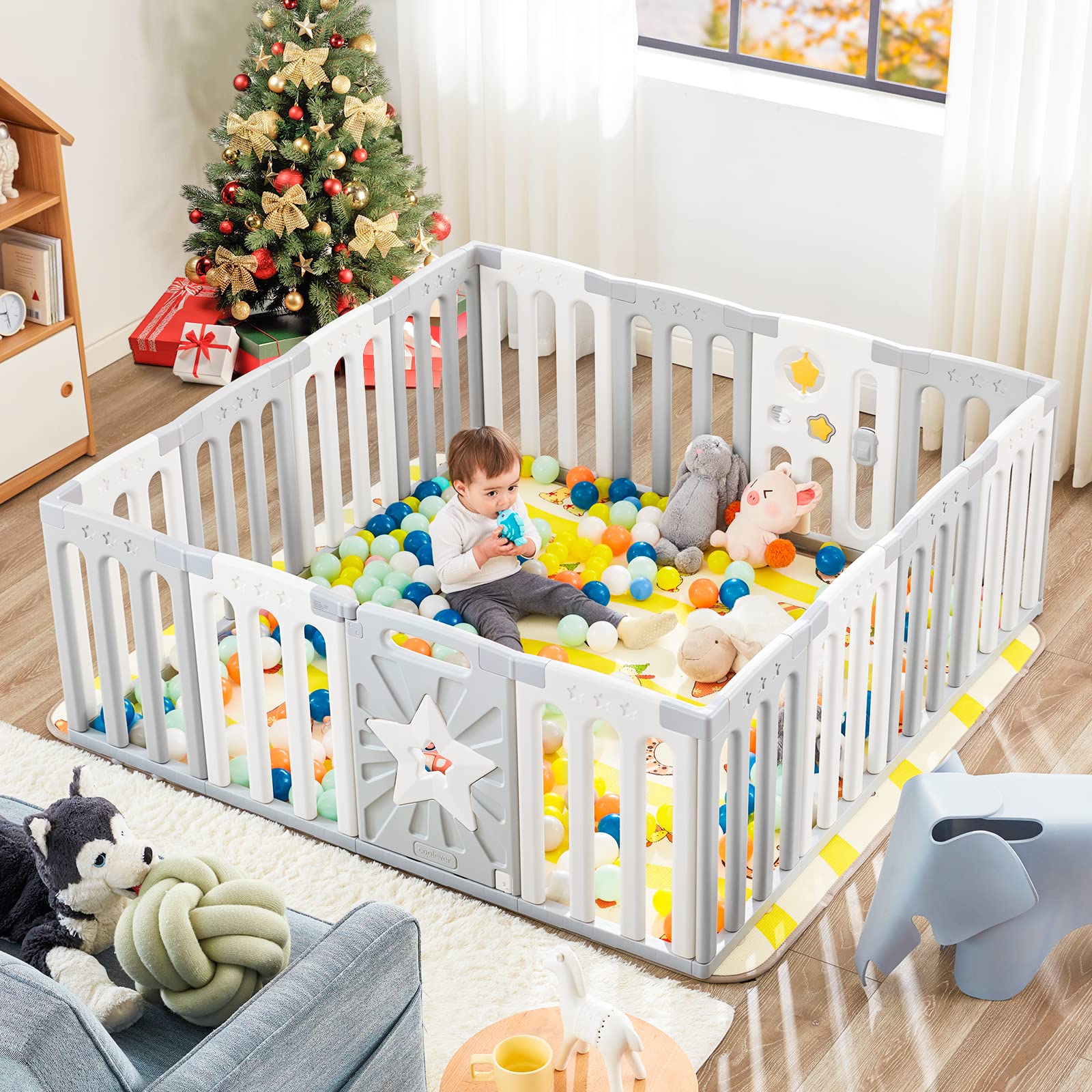 **Baby Playpen - 16 Panel Safety Baby Gate for Infants & Toddlers, Sturdy & Portable Play Yard for Indoor & Outdoor Use - Grey, White & Star Design - Perfect for Playtime, Learning & Safe Exploration**