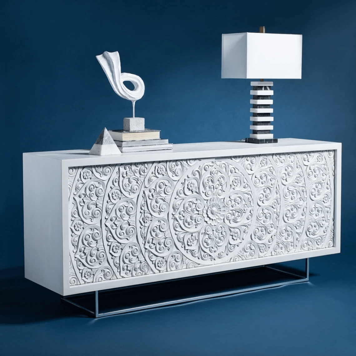 Hand Carved White Wood Sideboard with Metal Base - Indian Carving Buffet Table for Dining Room, Living Room & Entryway Storage