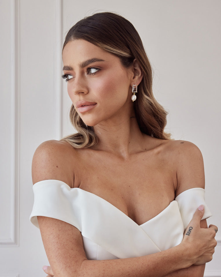 Modern Chic Clear Quartz Stud Earrings with Baroque Pearl Drop for Wedding | Thea by Lola Knight | Elegant Bridal Jewelry for Ceremony & Reception