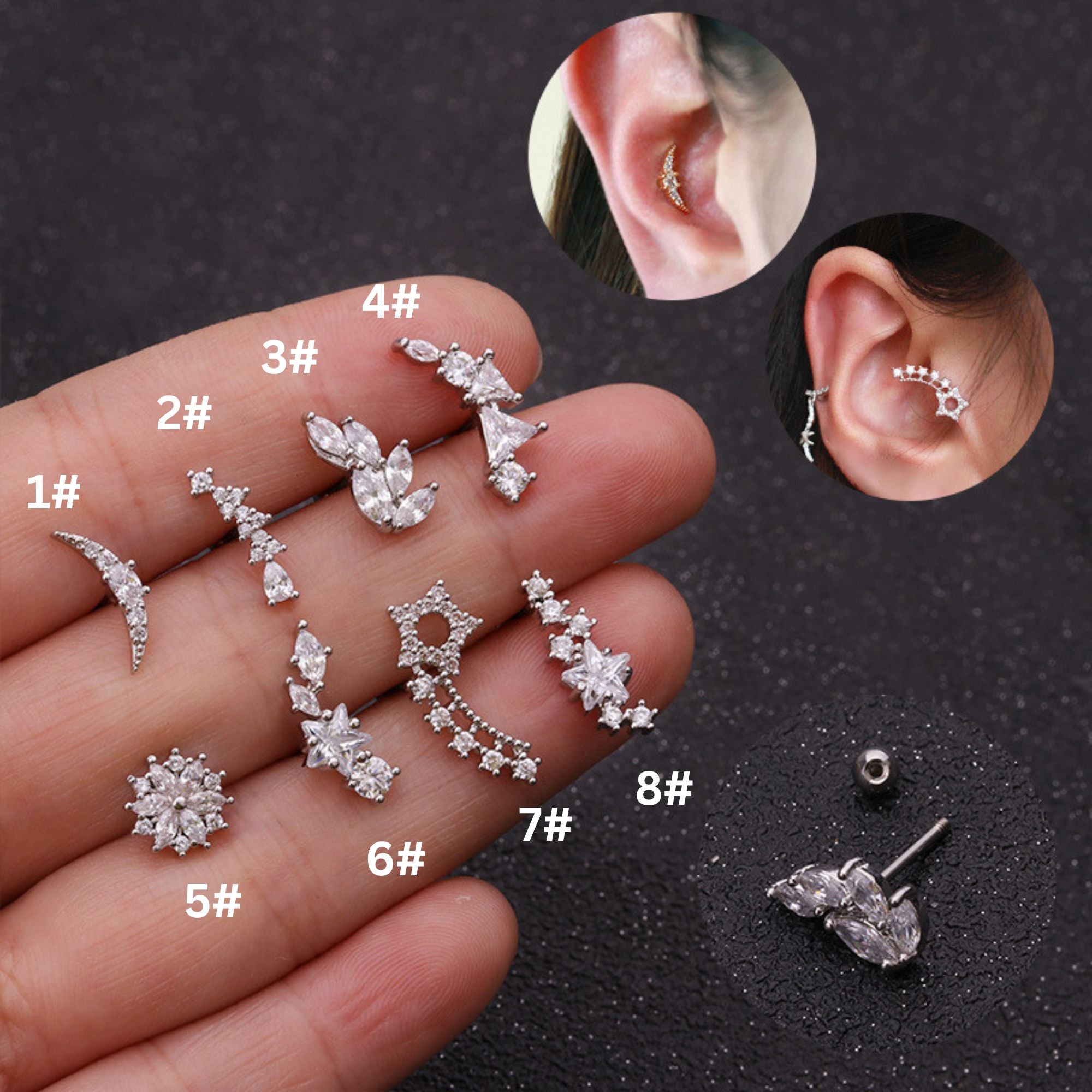 20G Crescent Moon and Star Stud Daith Helix Earrings for Women - Surgical Steel Cartilage Piercing Jewelry - Perfect for Everyday Wear, Parties & Gifts | HSPJ1916