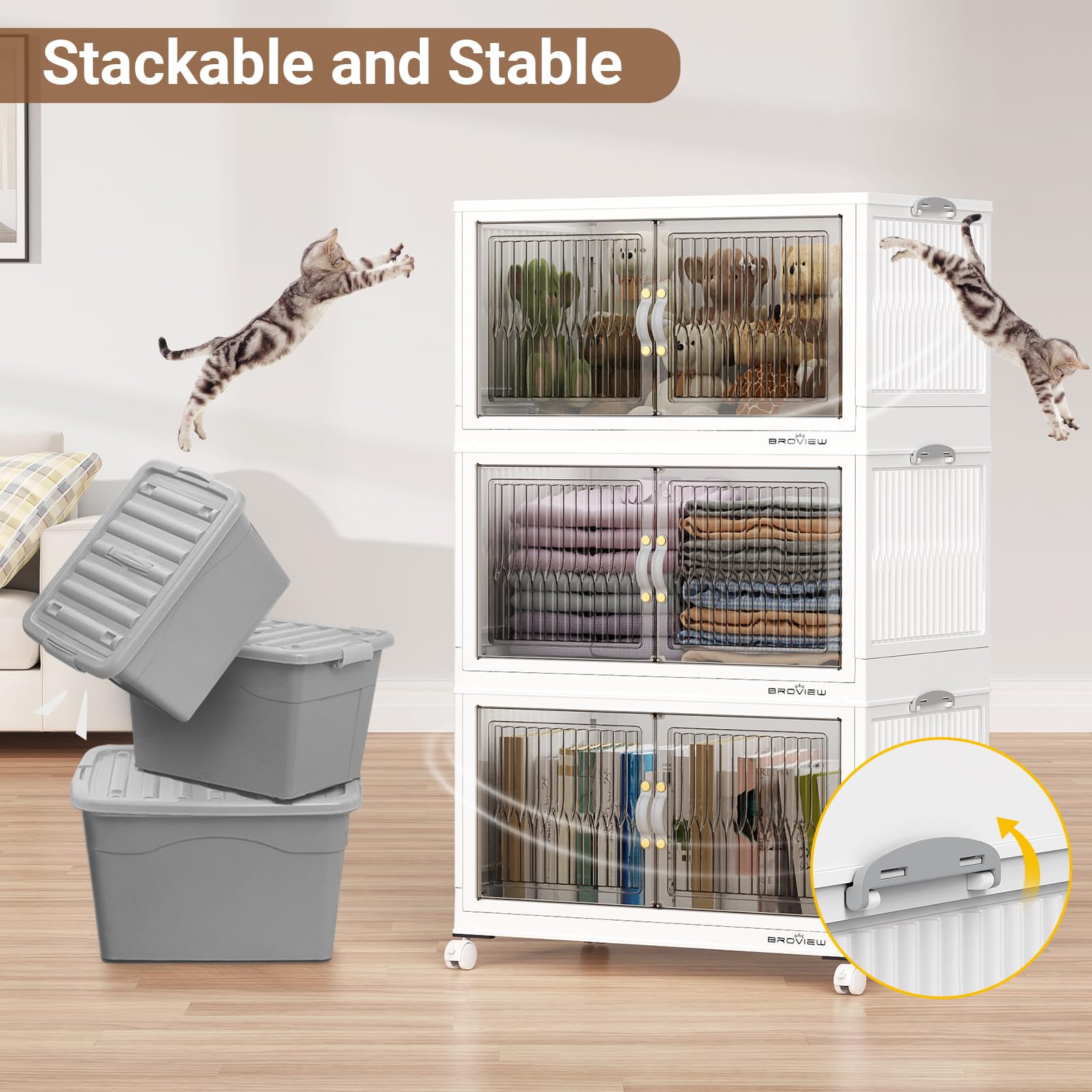120 Qt Stackable Plastic Storage Bins with Lids & Wheels - Collapsible Closet Organizer, Storage Drawers & Home Organization Cabinet for Clothes (5-Pack, White) - Perfect for Bedroom, Garage & Moving Storage