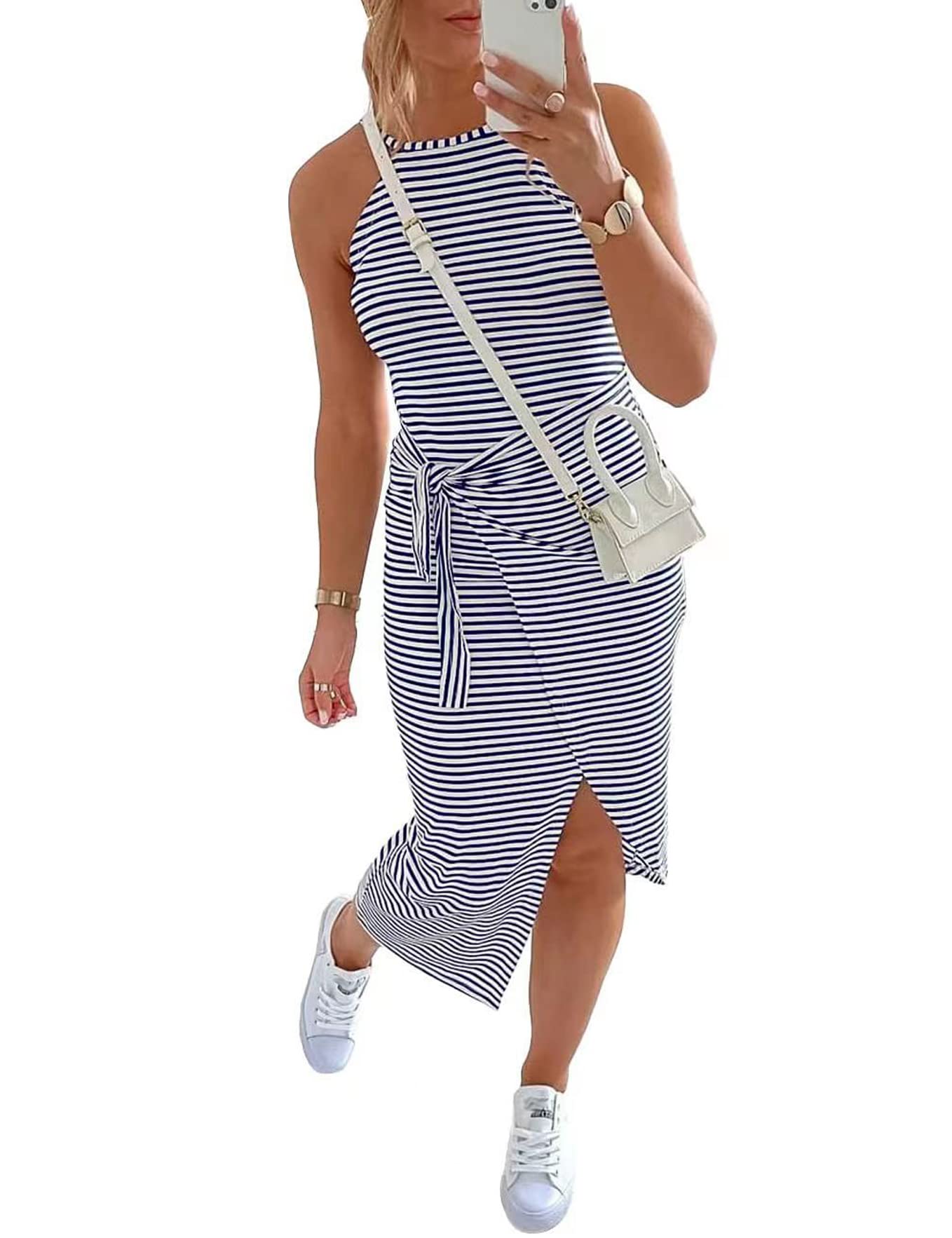 Moonetto Women's Summer Sleeveless Striped Tank Midi Dress - Wrap Tie Waist Ruched Bodycon T-Shirt Style for Beach, Vacation & Casual Outings