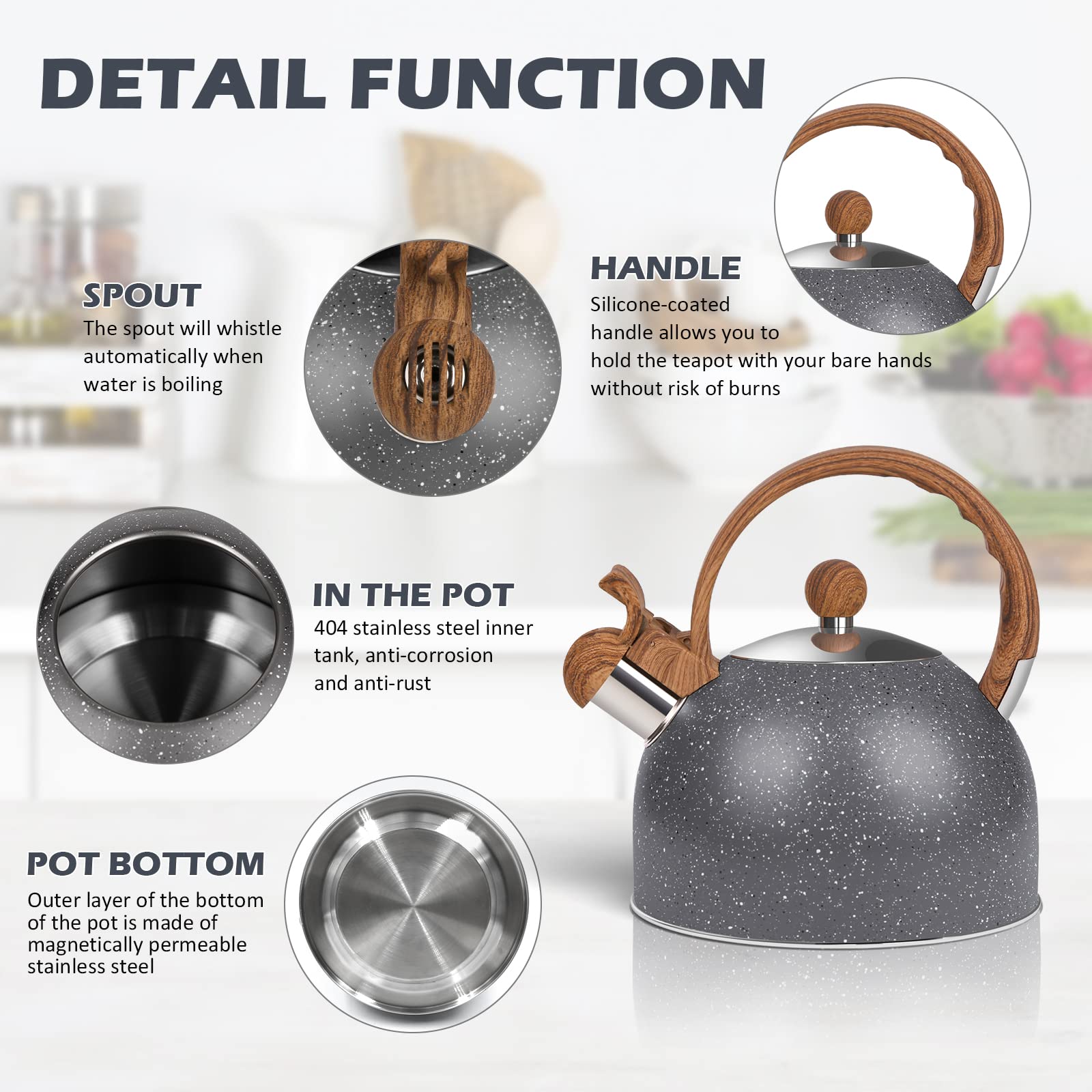 Premium 2.6 Quart Stainless Steel Whistling Tea Kettle for Gas & Induction Stovetops - Loud Whistle Alert, Durable Stone Coated Water Boiler for Tea, Coffee & Milk (Grey) - Ideal for Home Kitchen, Office & Camping Use