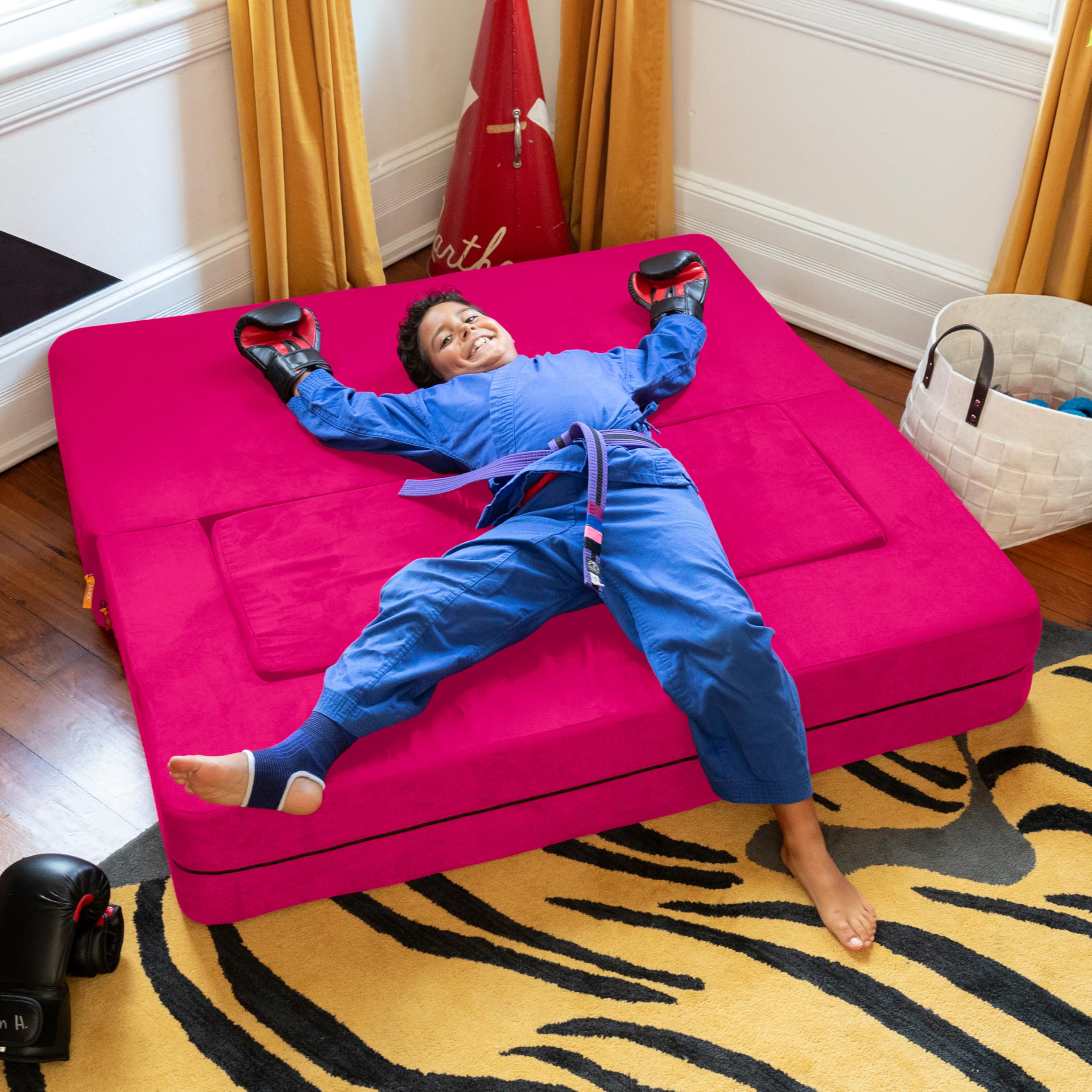 Jaxx Zipline 3-in-1 Fold Out Sofa with Large Ottoman - Big Kids Edition in Fuchsia (Model 17454) | Convertible Sleeper Sofa for Playrooms, Dorm Rooms & Small Spaces