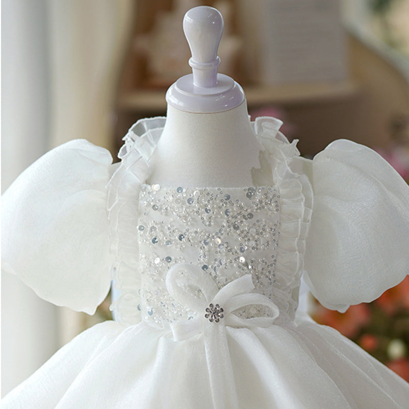 Elegant White Sequin Puff Sleeve Mesh Princess Dress for Baby Girls - First Communion, Baptism, Flower Girl & Special Occasion Dresses
