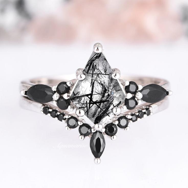 Skye Kite™ Rutilated Quartz & Black Onyx Sterling Silver Ring Set for Women - Elegant Jewelry Gift for Birthday, Anniversary & Special Occasions
