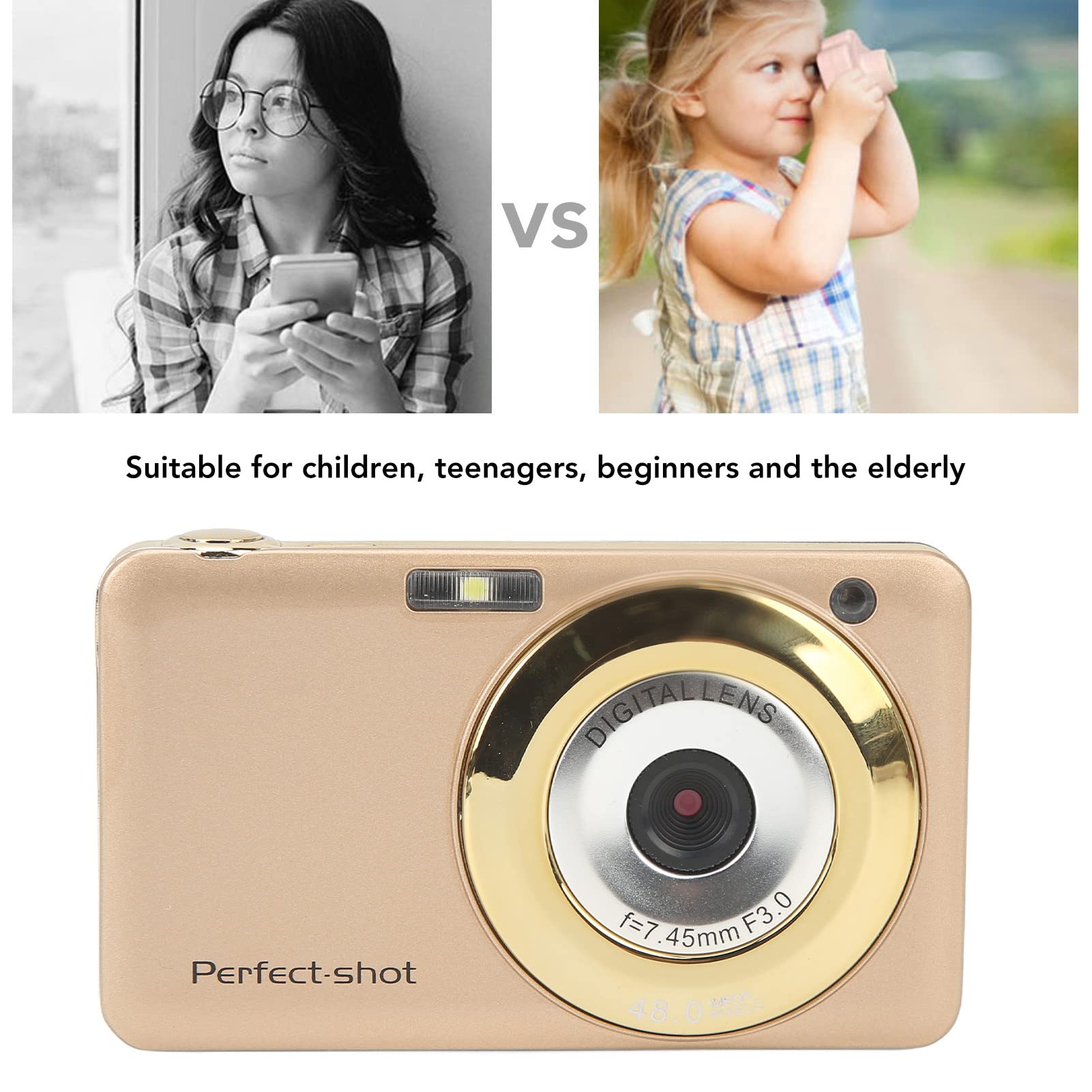 MUNEFE 2.7in LCD Digital Camera with Anti-Shake | Portable Pocket Camera for Kids & Beginners | Perfect for Travel, Birthday Gifts & Photography Learning (Gold)