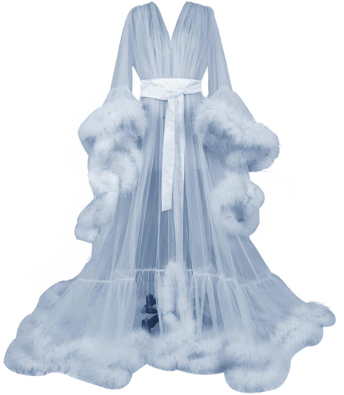 Elegant Women's Long Wedding Dress with Feathers - Lace Tulle Puffy Nightgown & Bridal Robe Scarf for Romantic Evenings & Special Occasions