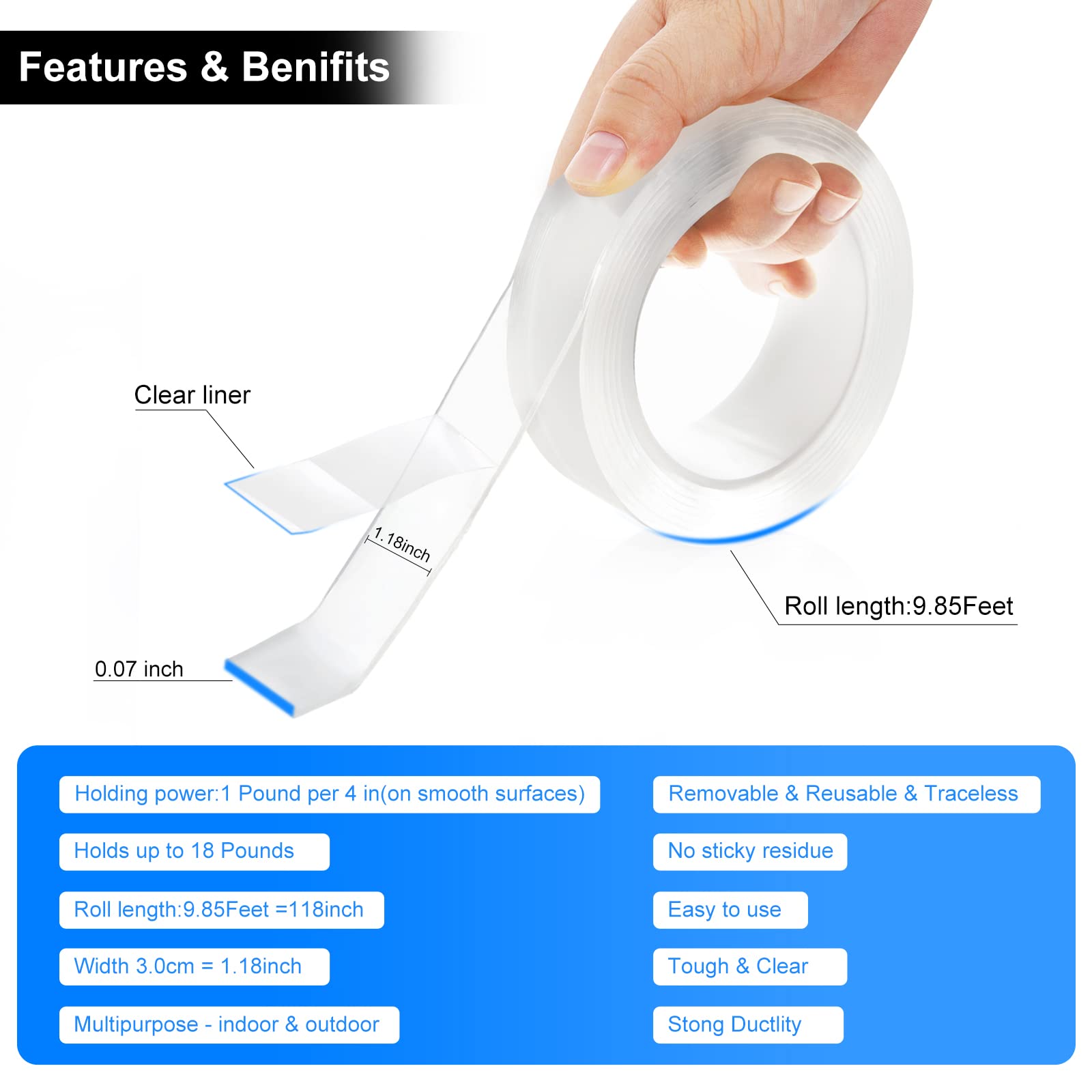 Strong Reusable Nano Double Sided Tape - Heavy Duty Transparent Adhesive Strips for Wall, Carpet, Posters | Multipurpose Removable Mounting Tape for Home, Office & Car Use | Perfect for Hanging Decor, Organizing & DIY Projects