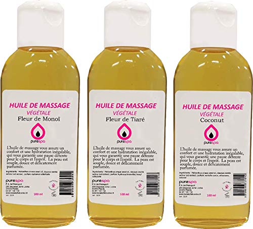 PureSpa Coffret Evasion - 3 Aromatherapy Massage Oils (Monoï, Tiaré, Coconut) + 1 Vegan Massage Candle | Relaxing Gift Set for Couples, Spa Day, Self-Care & Romantic Evenings
