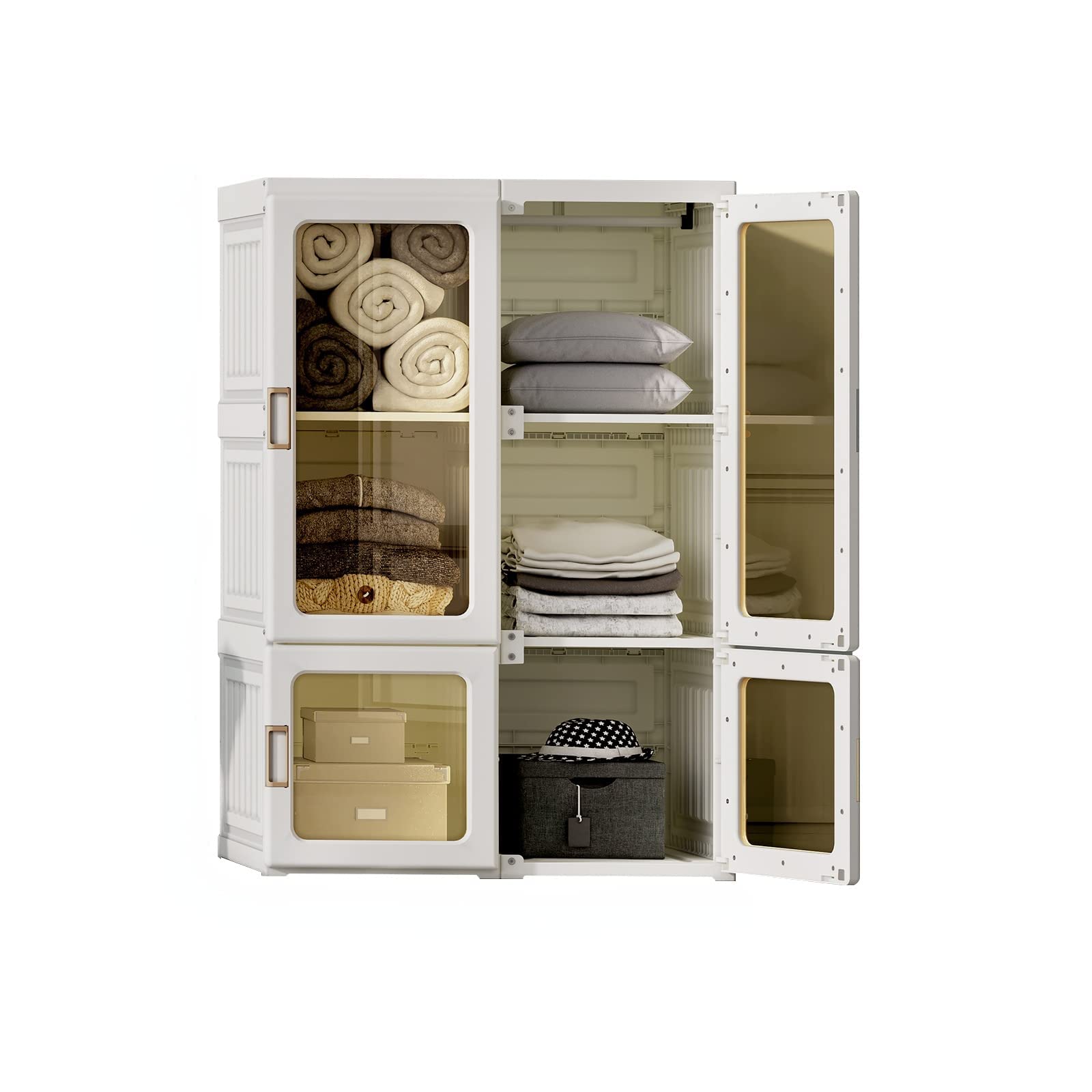 MAYIBOX Portable Closet Wardrobe with Hanging Rod & Doors - 4-15 Cube Storage Organizer for Bedroom, White (Transparent Door) - Space Saving Closet Solution for Apartments, Dorms & Small Spaces