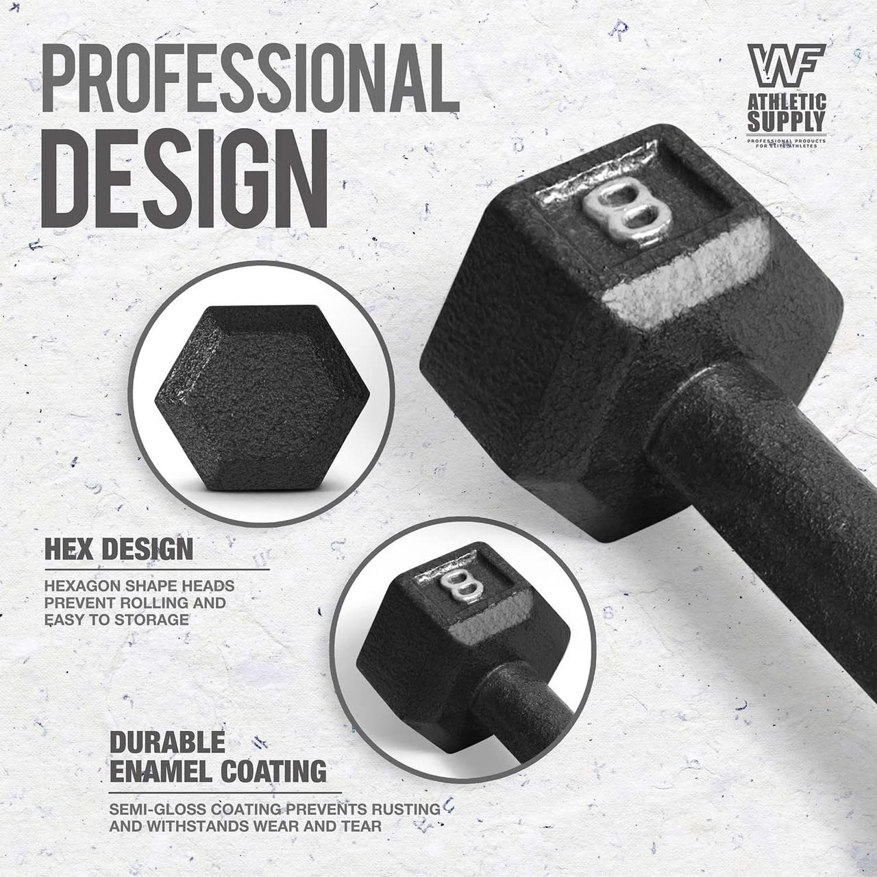 WF Athletic Supply 5-25 Lb Cast Iron Dumbbells Set with A-Frame Storage Rack - Solid Gray/Black Hexagon Free Weights for Weightlifting, Strength Training & Home Gym | Durable Fitness Equipment for Men & Women | Perfect for Garage, Basement & Home Workouts