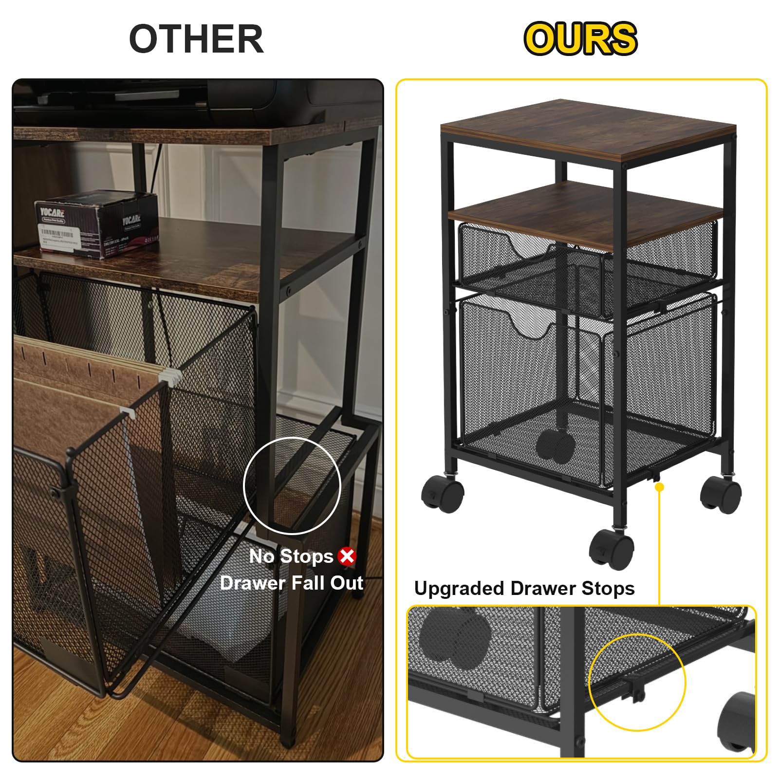 Rolling File Cart - Under Desk Storage Organizer with Sliding Drawer | Mobile Wood & Mesh Filing Cabinet for A4, Hanging File Folders & Printer | 14.7
