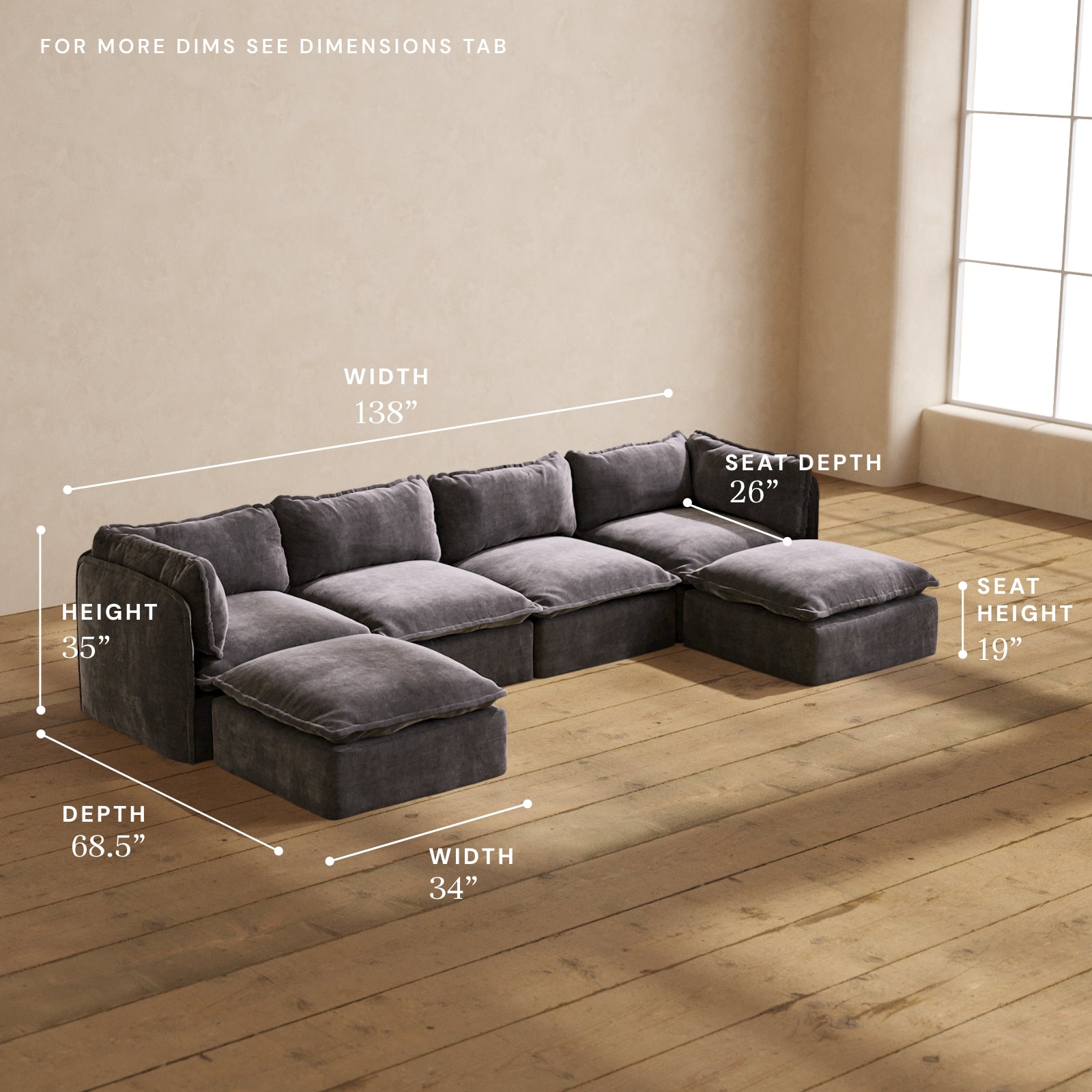 Modular Performance 4-Seater U-Shaped Sectional Sofa in Cinder Gray | Soft Relaxed Blend Fabric | Perfect for Living Room, Family Room & Home Theater