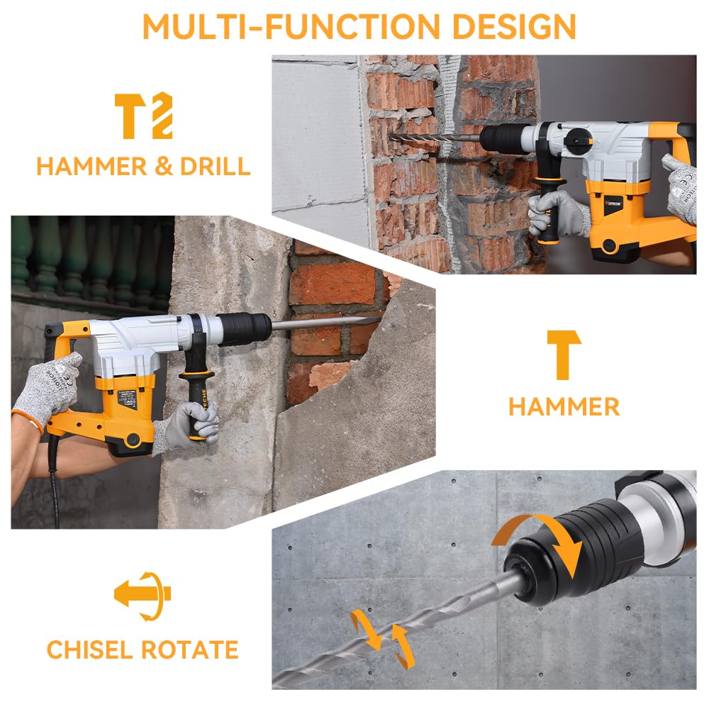 Hoteche 1-9/16-Inch SDS Max Rotary Hammer Drill - 12.5A 3-Function Heavy Duty Demolition Hammer with Drill Bit, Chisel & Carrying Case | Perfect for Concrete Drilling, Masonry Work & Construction Projects
