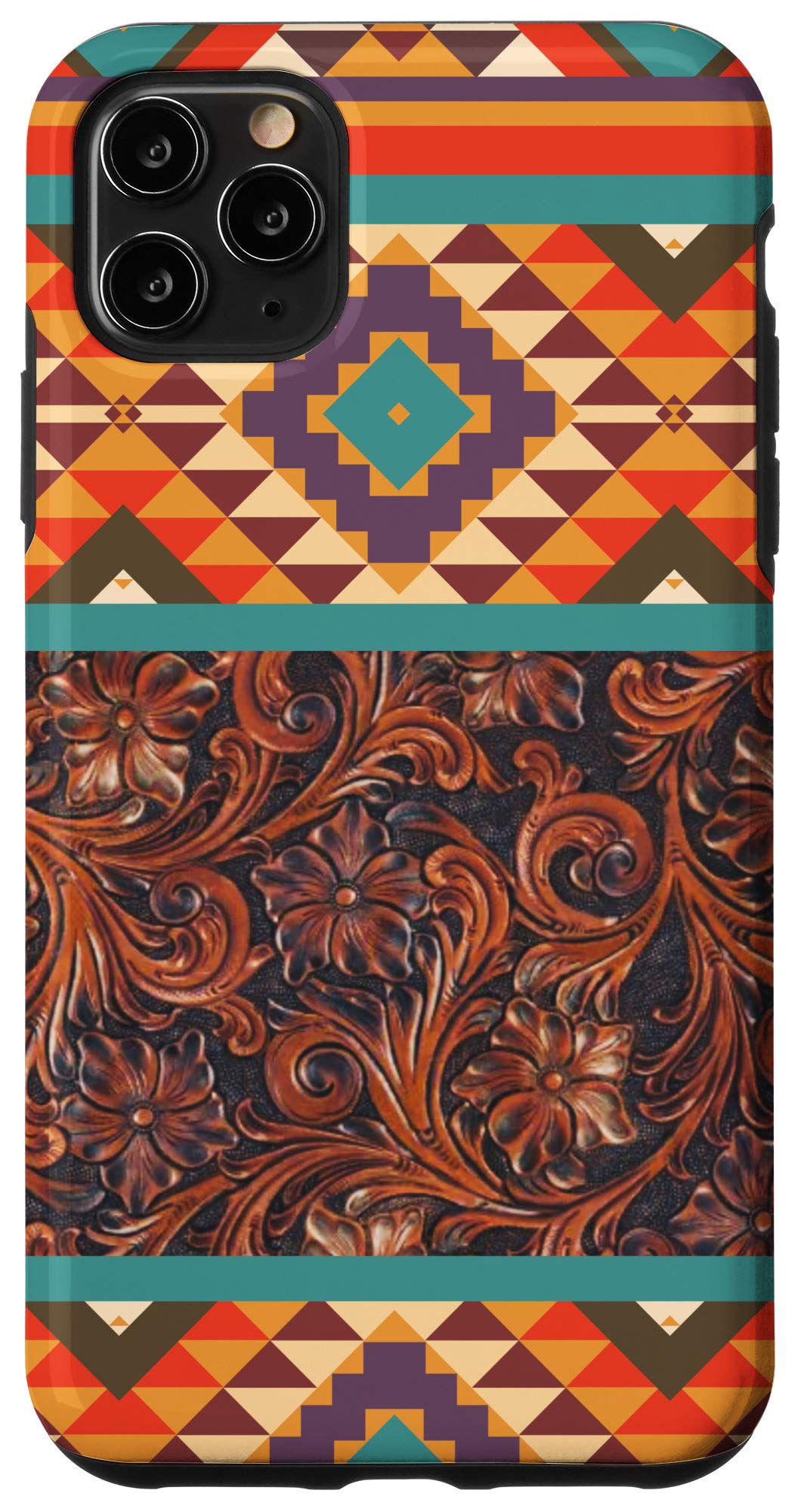 iPhone 11 Pro Max Case - Unique Turquoise & Orange Aztec Navajo Western Tooling Design | Durable Protective Cover for Everyday Use, Travel & Outdoor Activities