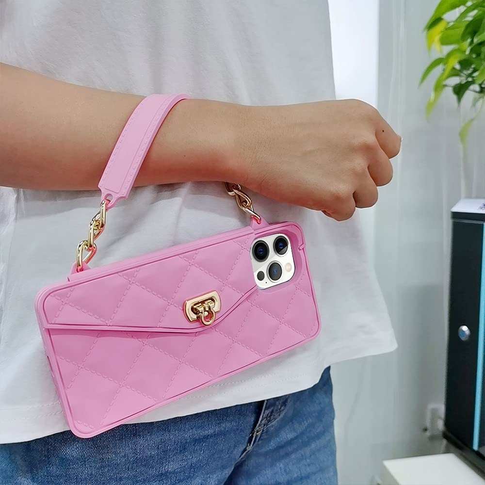 Luxury iPhone 13 Pro Max Wallet Case with Card Holder & Pearl Chain Strap - Soft Silicone Phone Cover with Wristlet & Crossbody Lanyard for Women (Pink) - Perfect for Everyday Use, Shopping & Travel Accessories