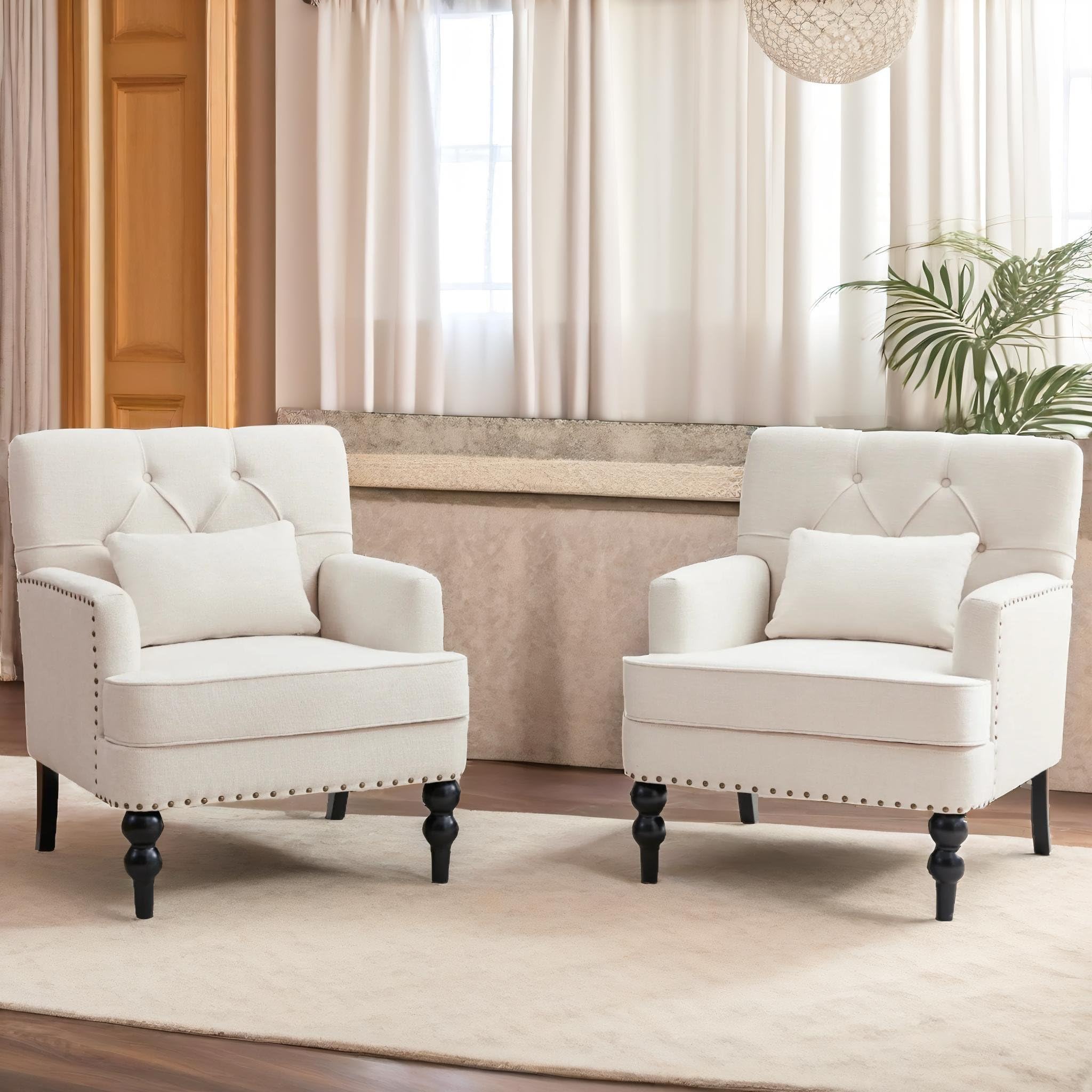 HUIMO Tufted Club Chair Set of 2 - Mid Century Modern Accent Chairs with Lumbar Pillow & Studded Upholstery, Beige Fabric Armchairs for Living Room, Bedroom, Office or Reading Nook - Cozy Seating for Relaxation & Home Decor