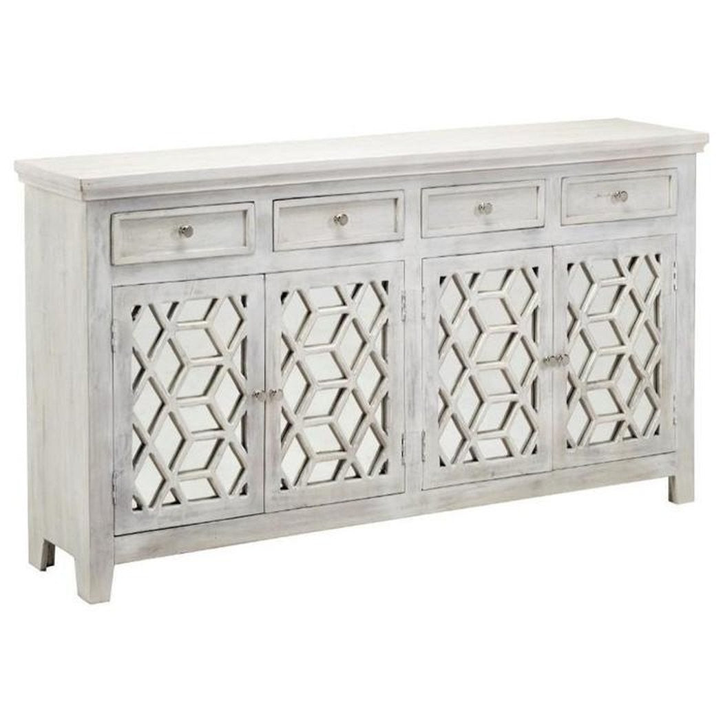 French Arched White Wash Mirrored Sideboard with 4 Drawers & 4 Doors - Elegant Entryway Console Table for Living Room, Bedroom & Hallway Storage