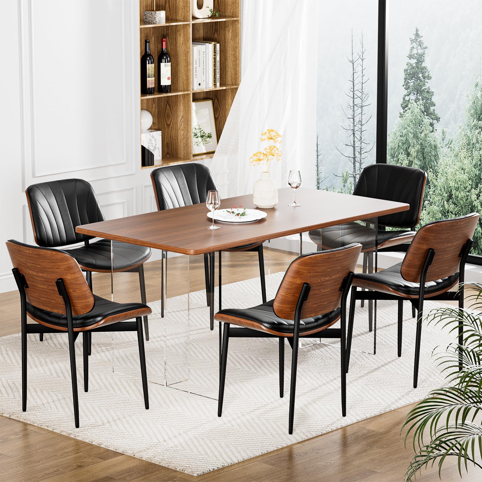 Set of 2 Mid Century Modern Dining Chairs - FSC Certified PU Leather Upholstered Accent Chairs with Walnut Bentwood & Metal Legs for Kitchen, Dining Room & Vanity - Perfect for Home Decor & Small Spaces (Black)